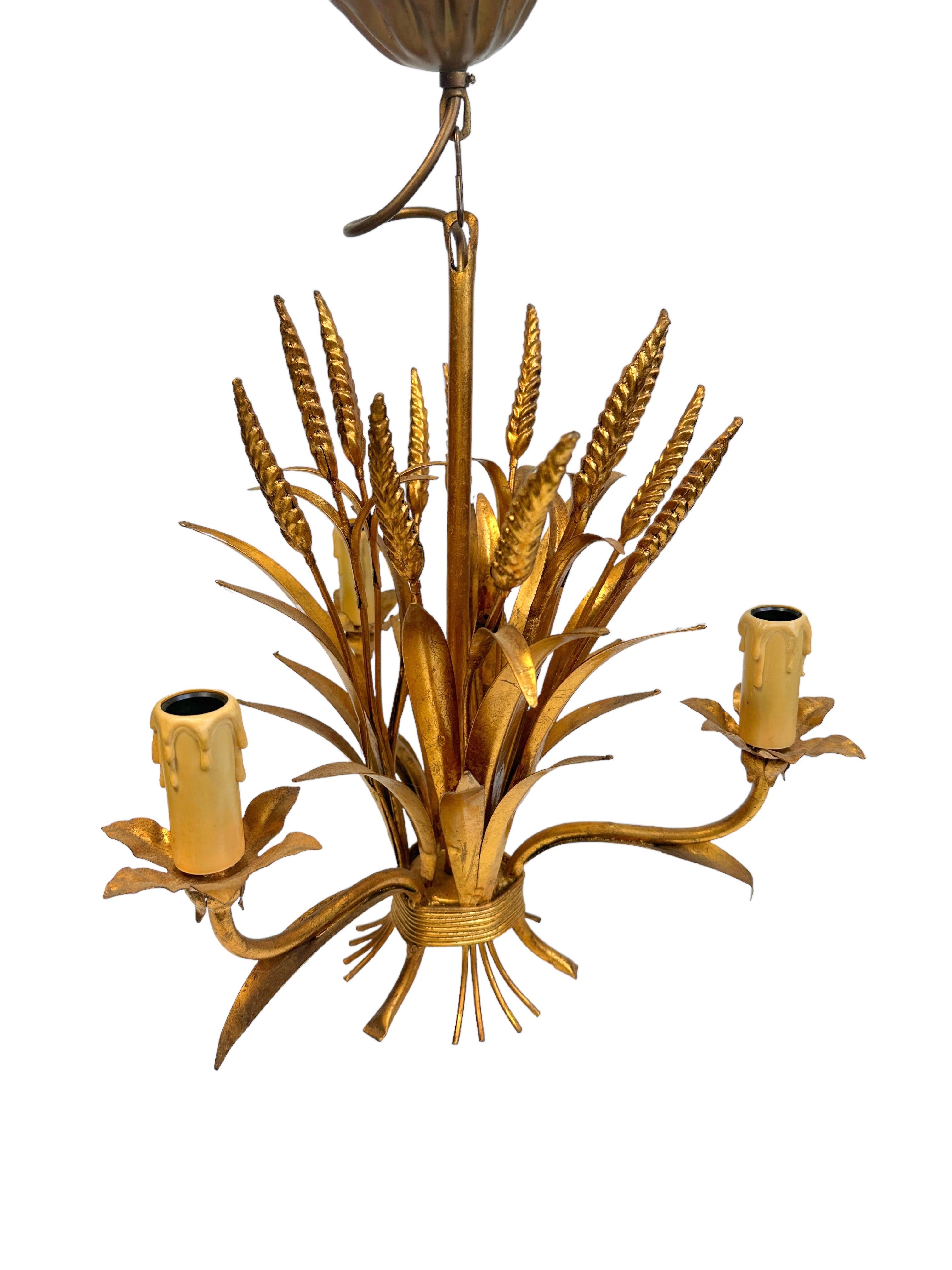 3-Light Gilt Metal Wheat Sheaf Chandelier Koegl Tole Toleware Coco Chanel Style For Sale 1