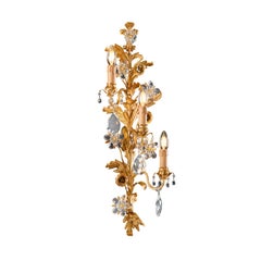 Wandleuchter mit 3 Lichtern aus Blattgold, Metall und Kristall