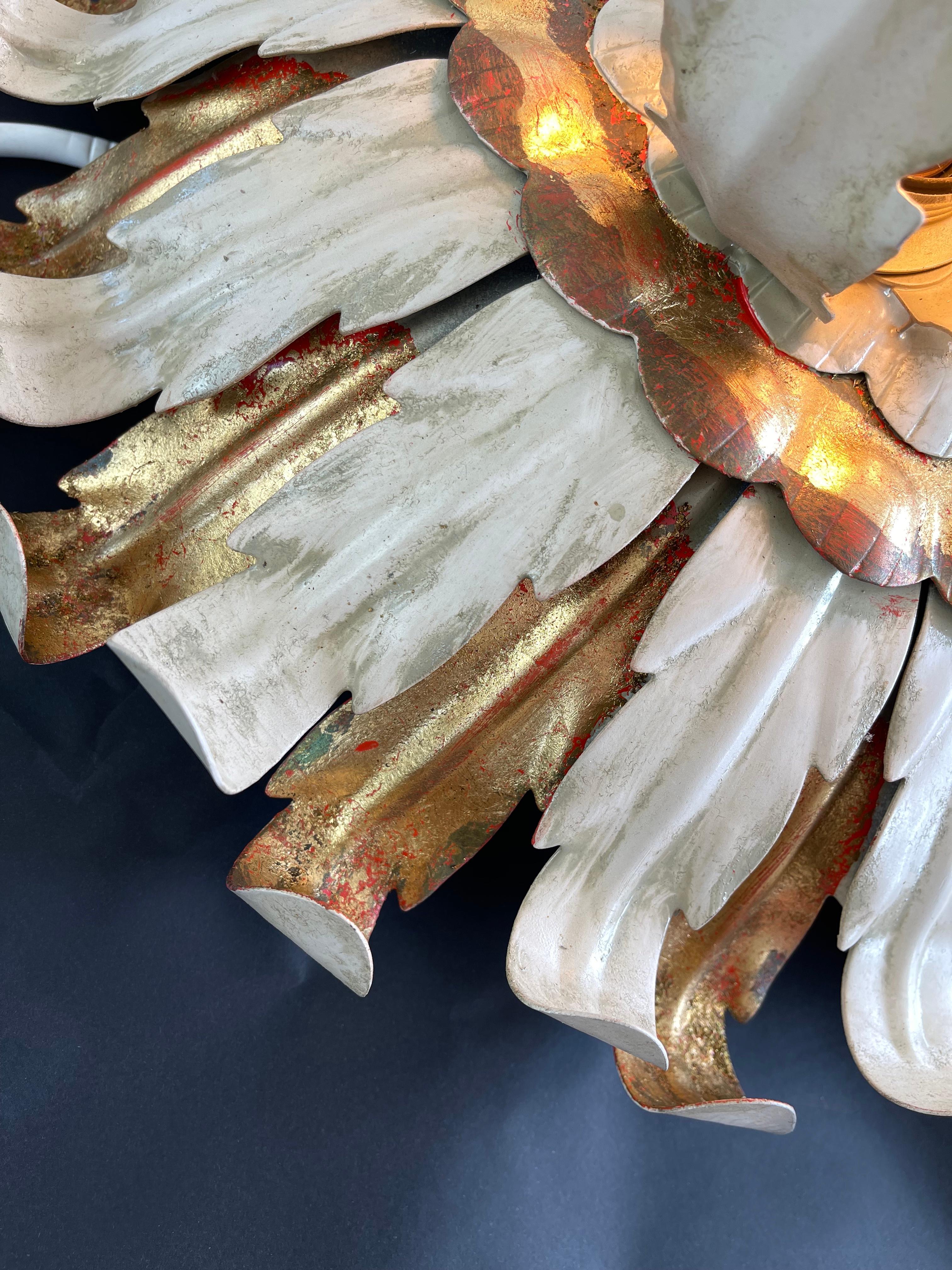 Hand-Crafted 3-Light Hollywood Regency Sunburst Gold Leaved Ceiling or Wall Light, 1960s For Sale