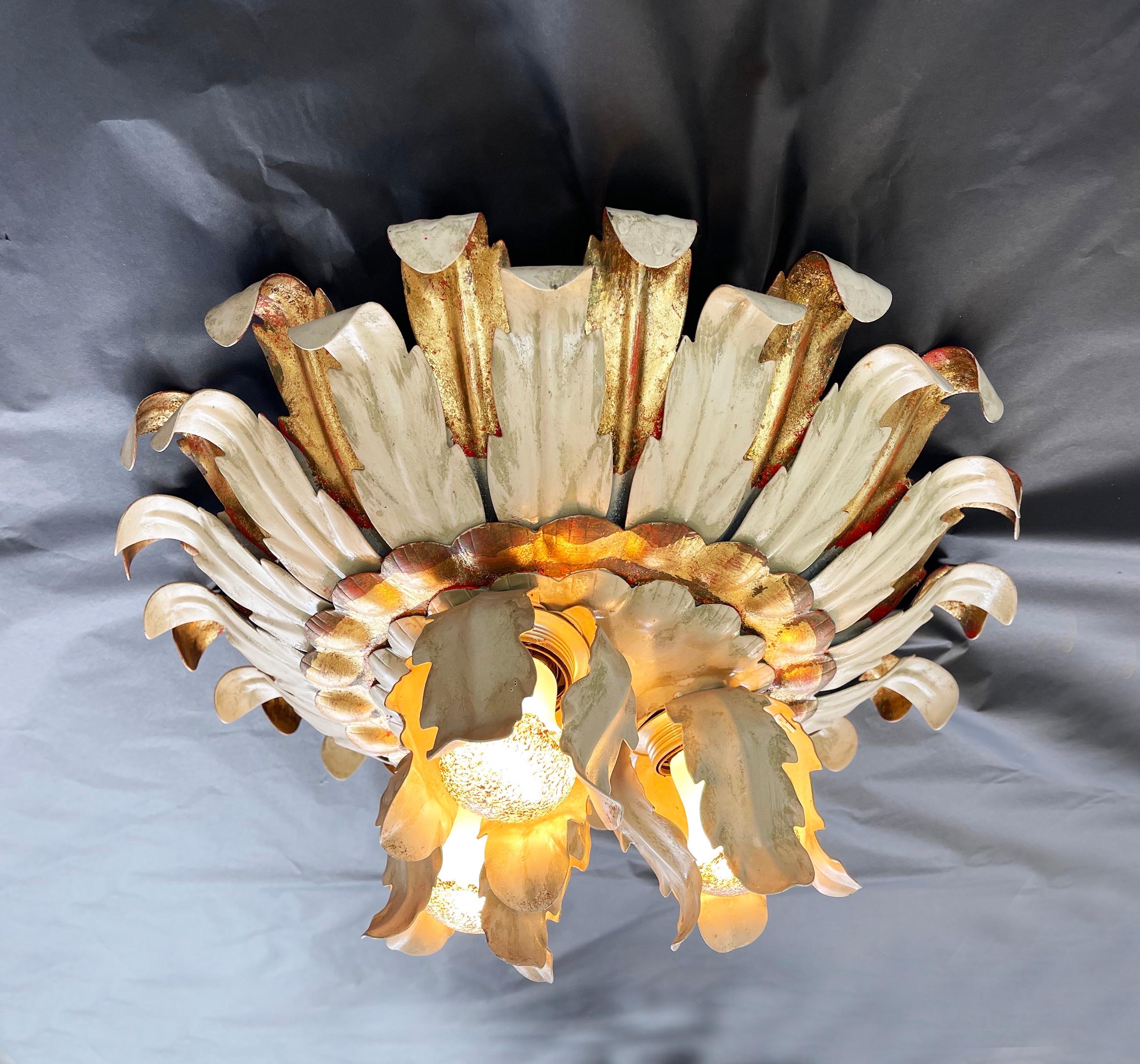 Early 20th Century 3-Light Hollywood Regency Sunburst Gold Leaved Ceiling or Wall Light, 1960s For Sale