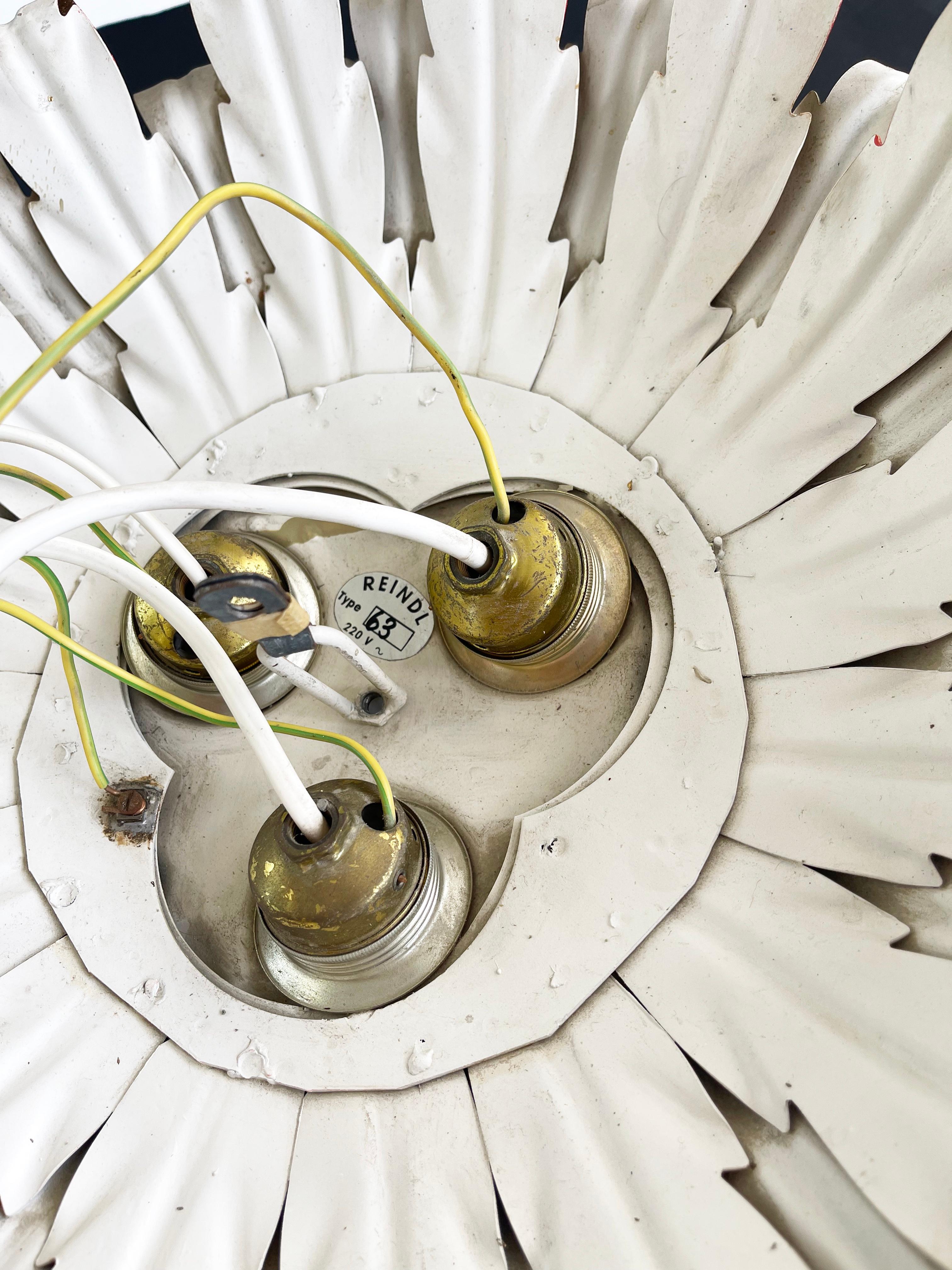 Metal 3-Light Hollywood Regency Sunburst Gold Leaved Ceiling or Wall Light, 1960s For Sale