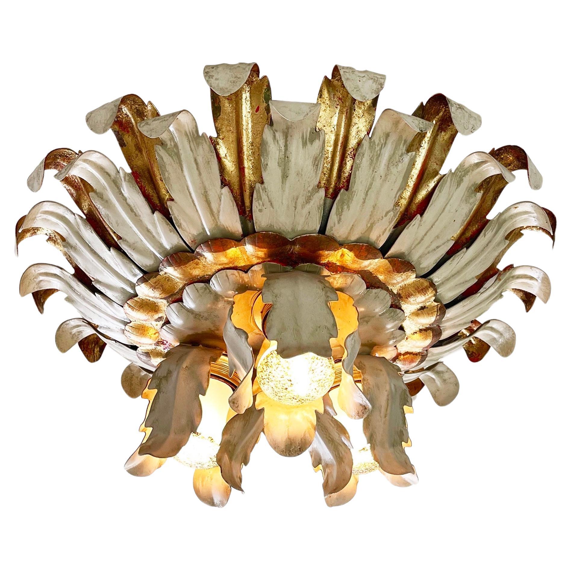 3-Light Hollywood Regency Sunburst Gold Leaved Ceiling or Wall Light, 1960s For Sale