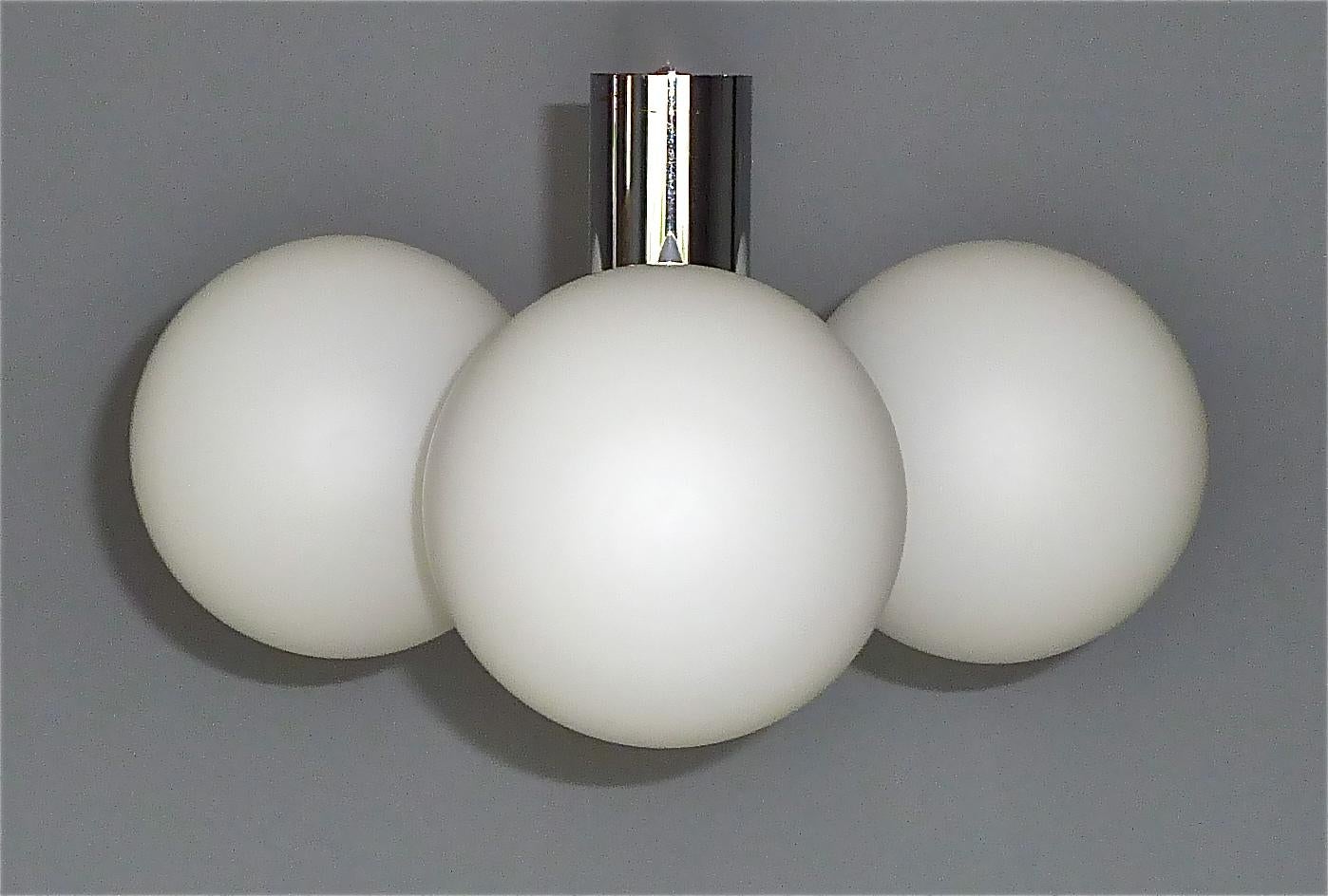 German 3 Light Kaiser Sputnik Flush Mount Lamp Chrome White Glass 1960 Stilnovo Style For Sale