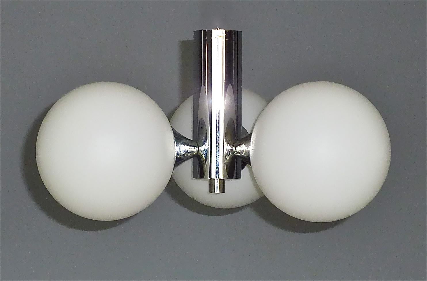 Patinated 3 Light Kaiser Sputnik Flush Mount Lamp Chrome White Glass 1960 Stilnovo Style For Sale