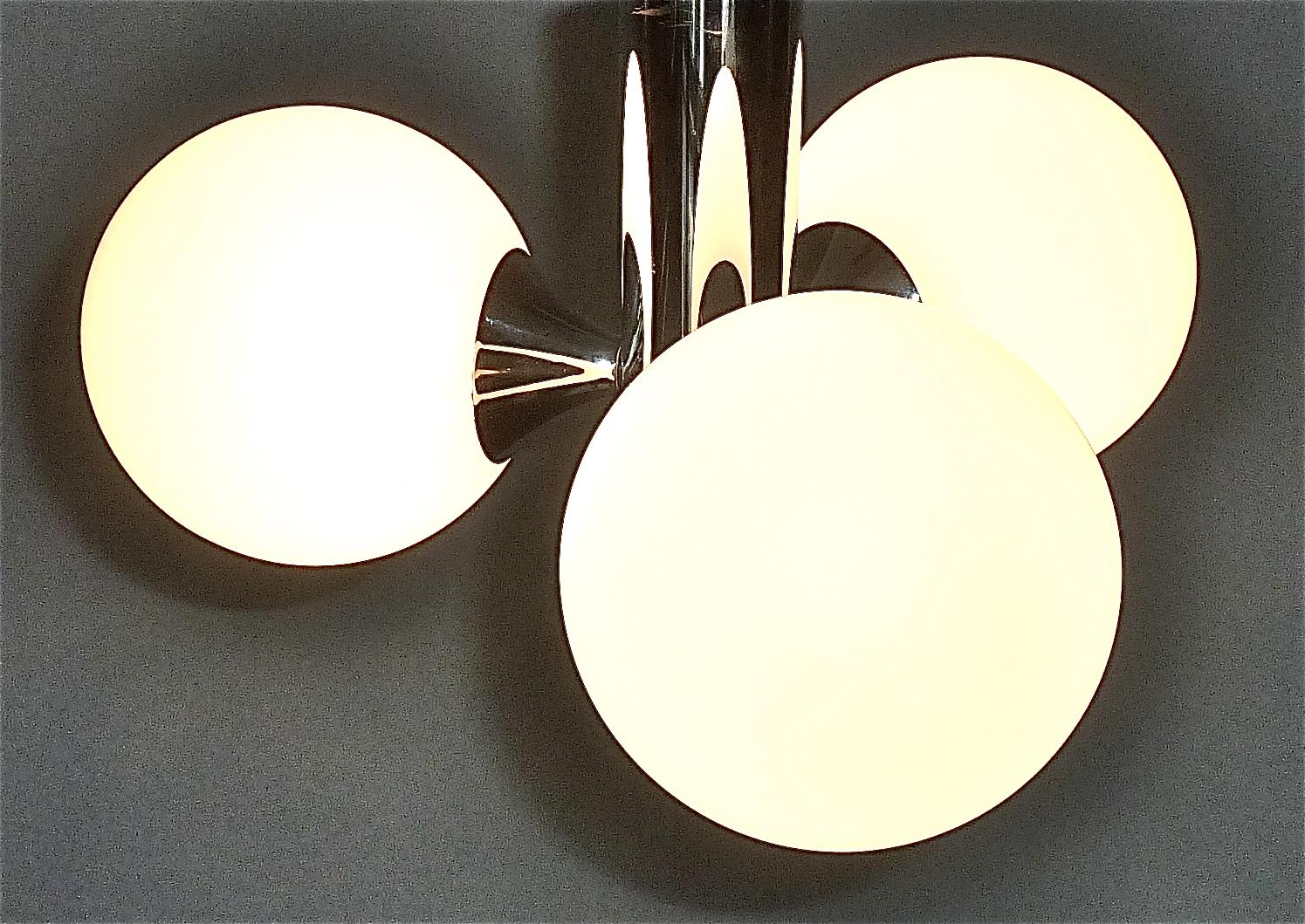3 Light Kaiser Sputnik Flush Mount Lamp Chrome White Glass 1960 Stilnovo Style For Sale 1