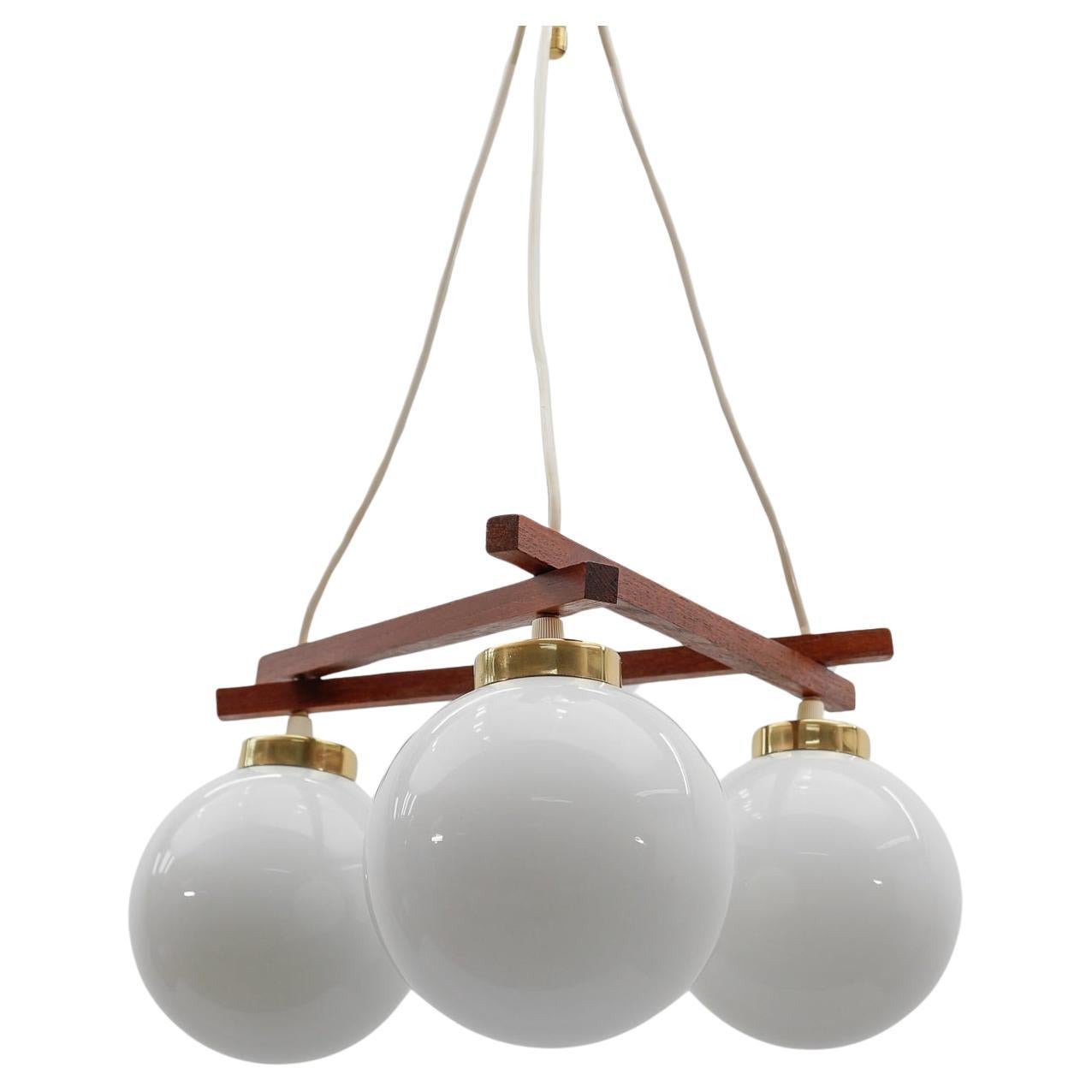 3-Light Mid-Century Modern Orbit Lamp in Brass, Teak and Milk Glass, 1960s