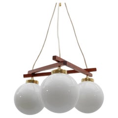 3-Light Mid-Century Modern Orbit Lamp in Brass, Teak and Milk Glass, 1960s