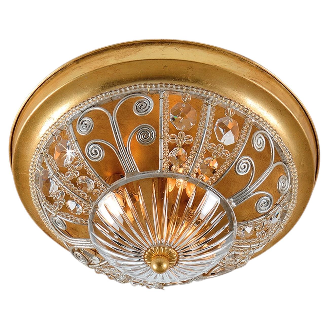 3-Light Round Gold Leaf Metal with Crystal Ceiling Lamp For Sale