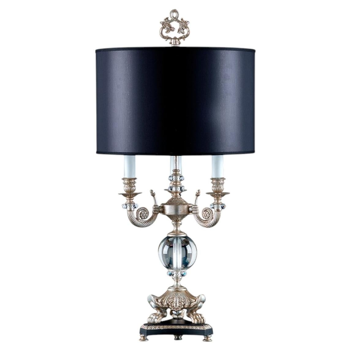 3-Light Silver Leaf Brass with Black Shade Table Lamp