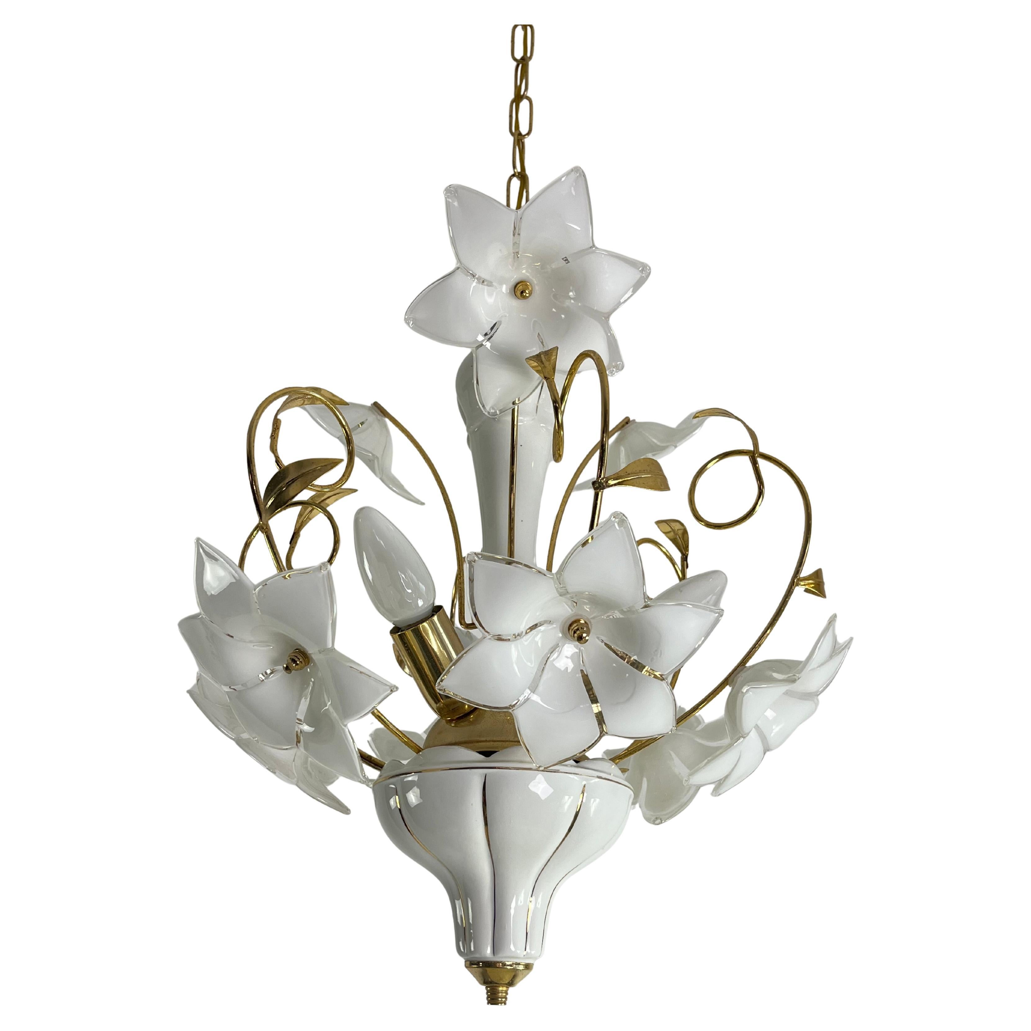 3-Light Venetian Chandelier With Murano Glass Flowers, 1970s