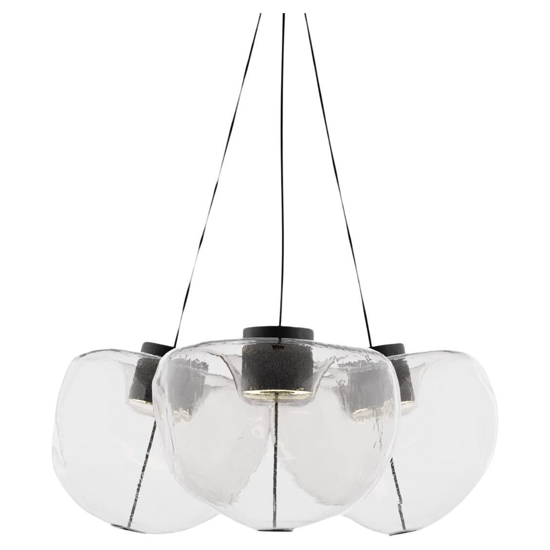 3 lights artistic ceiling chandelier, handcrafted with transparent Murano glass For Sale