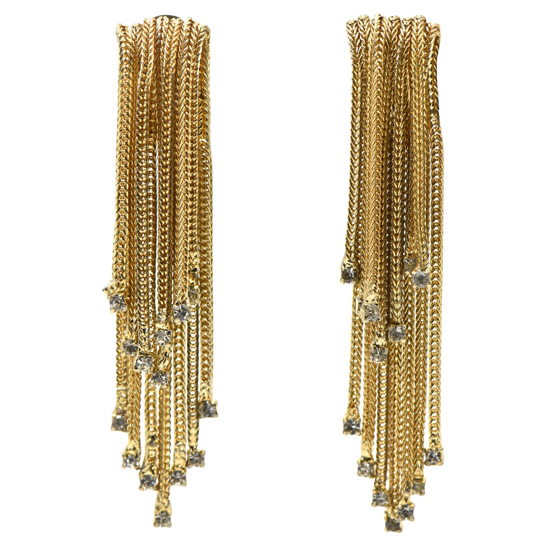 3" Long Hattie Carnegie Rhinestone Gold Waterfall Tassel Dangling Earrings