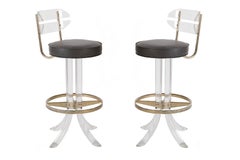 3 Lucite Brass and Leather Barstools by Hill
