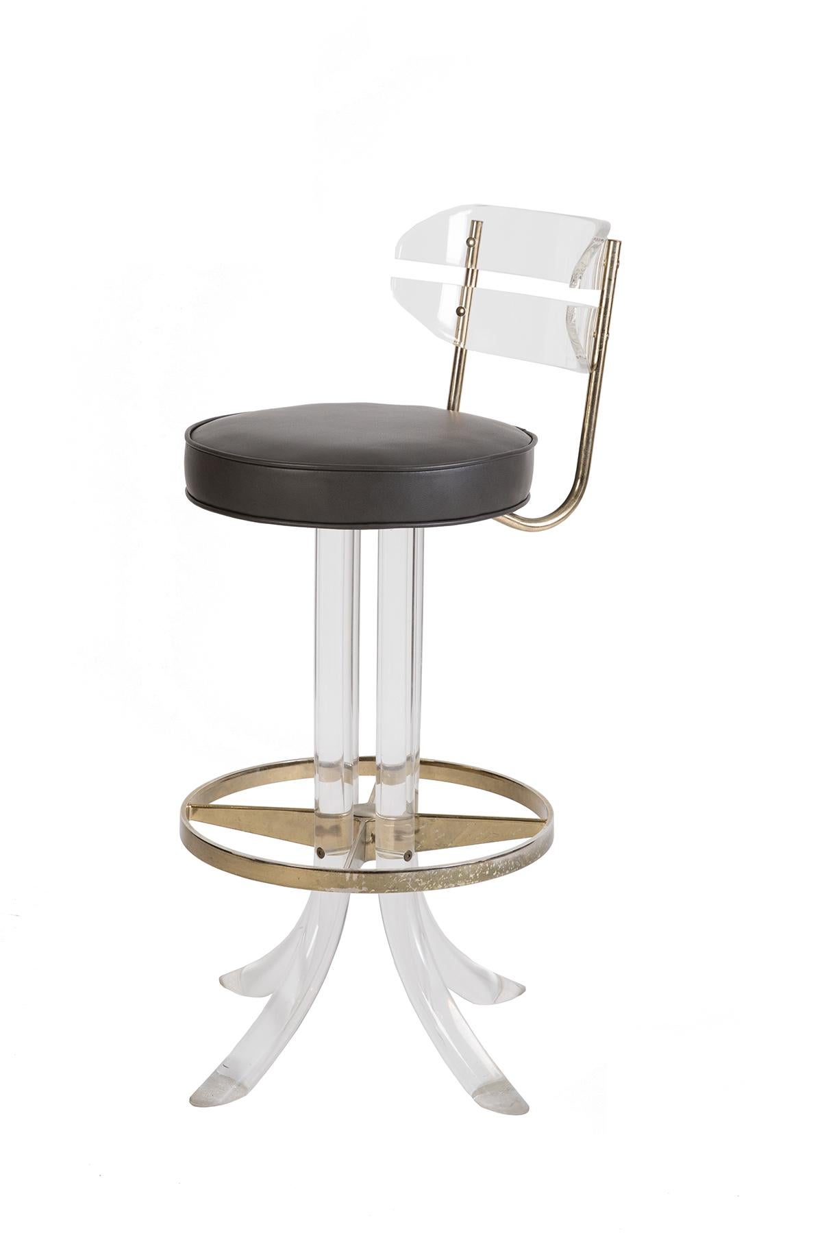 North American 3 Lucite Brass and Leather Barstools by Hill
