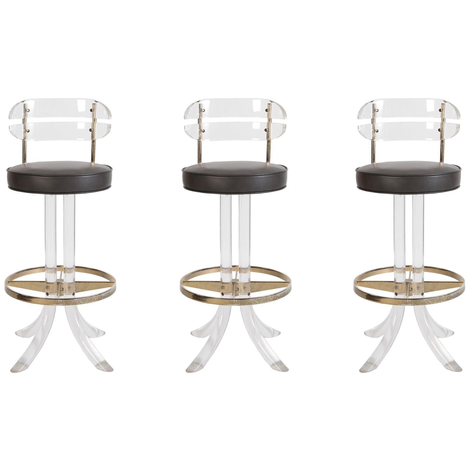 3 Lucite Brass and Leather Barstools by Hill