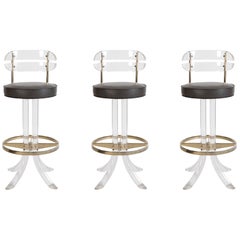 3 Lucite Brass and Leather Barstools by Hill