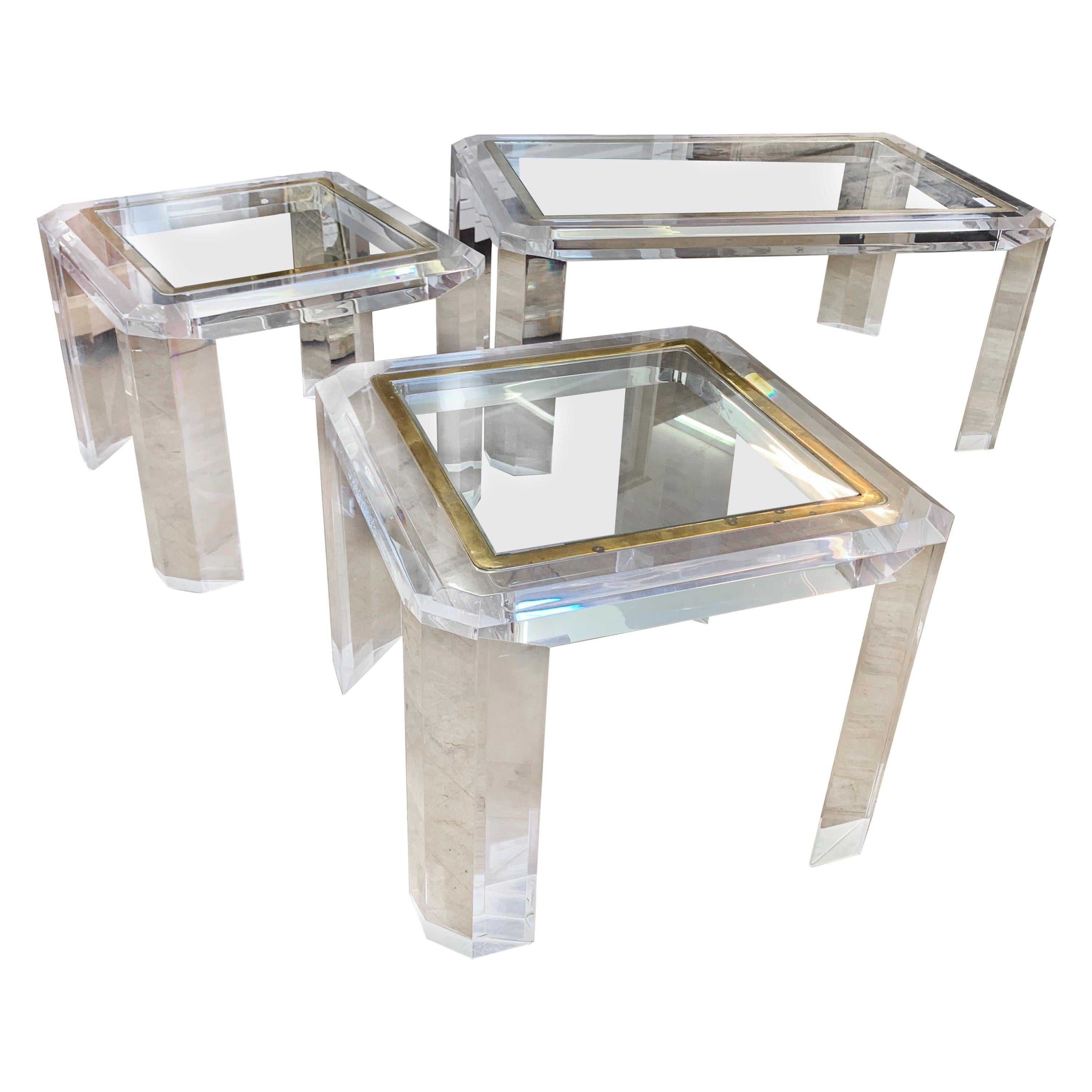 3 Lucite Plexiglass Design French Mid-Century Modern Tables