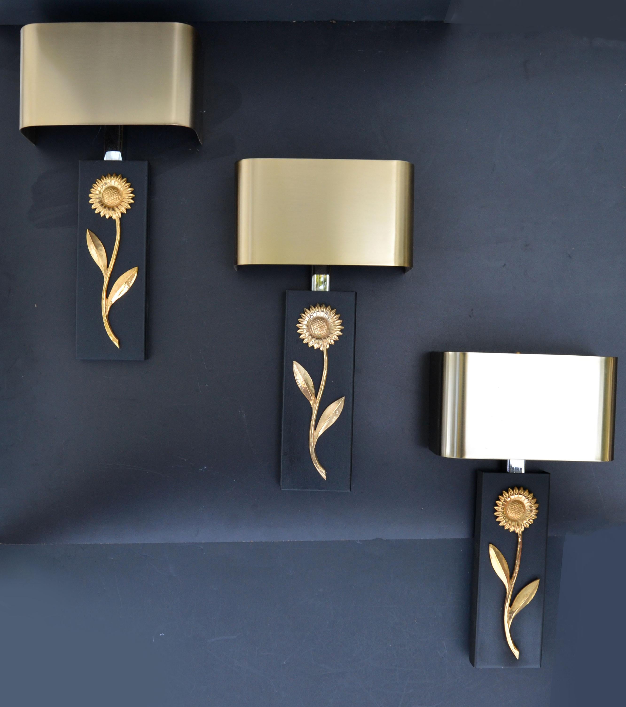 Mid-Century Modern 3 Maison Charles Bronze, Brass & Steel Sconces, Wall Lights Brushed Brass Shades
