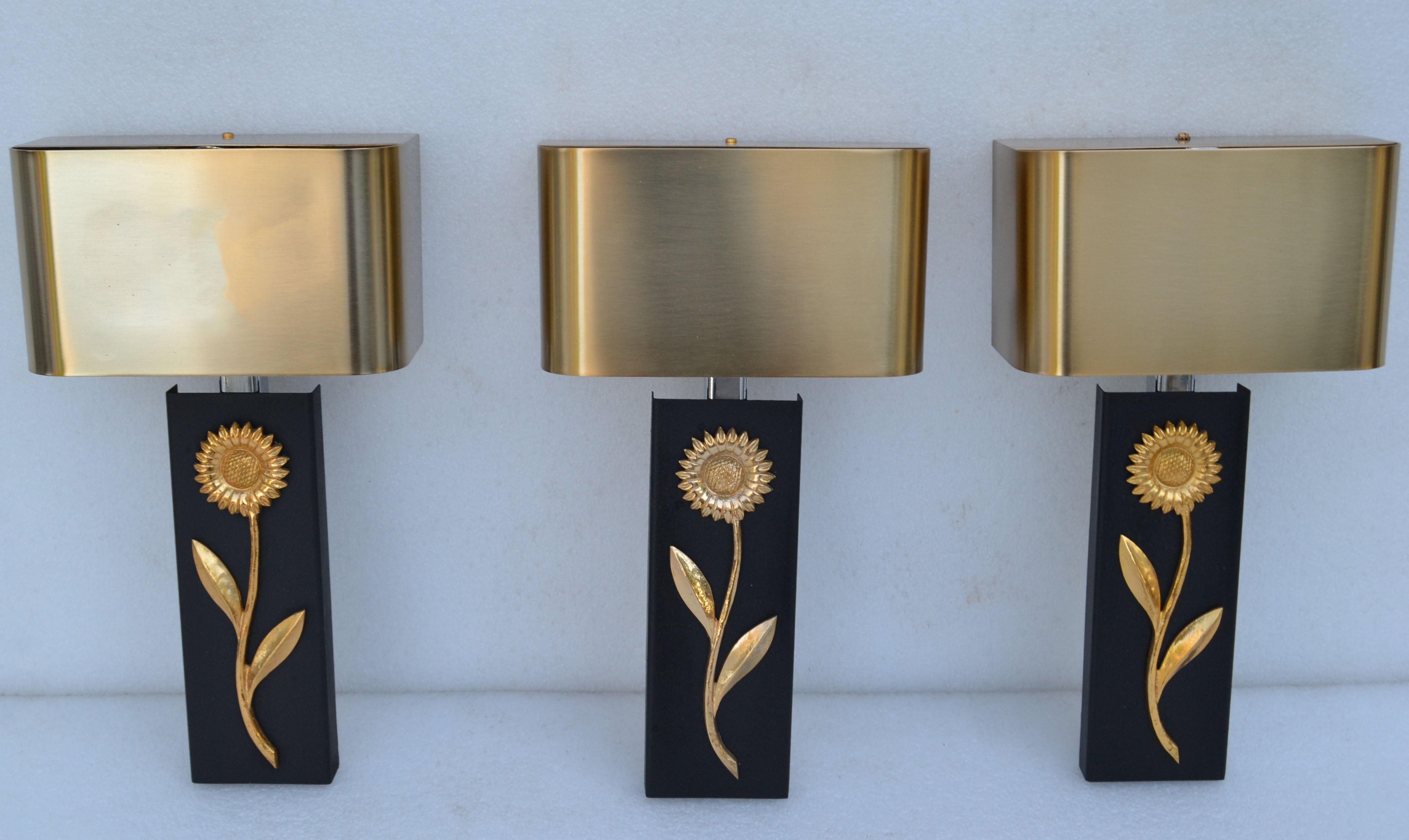French 3 Maison Charles Bronze, Brass & Steel Sconces, Wall Lights Brushed Brass Shades