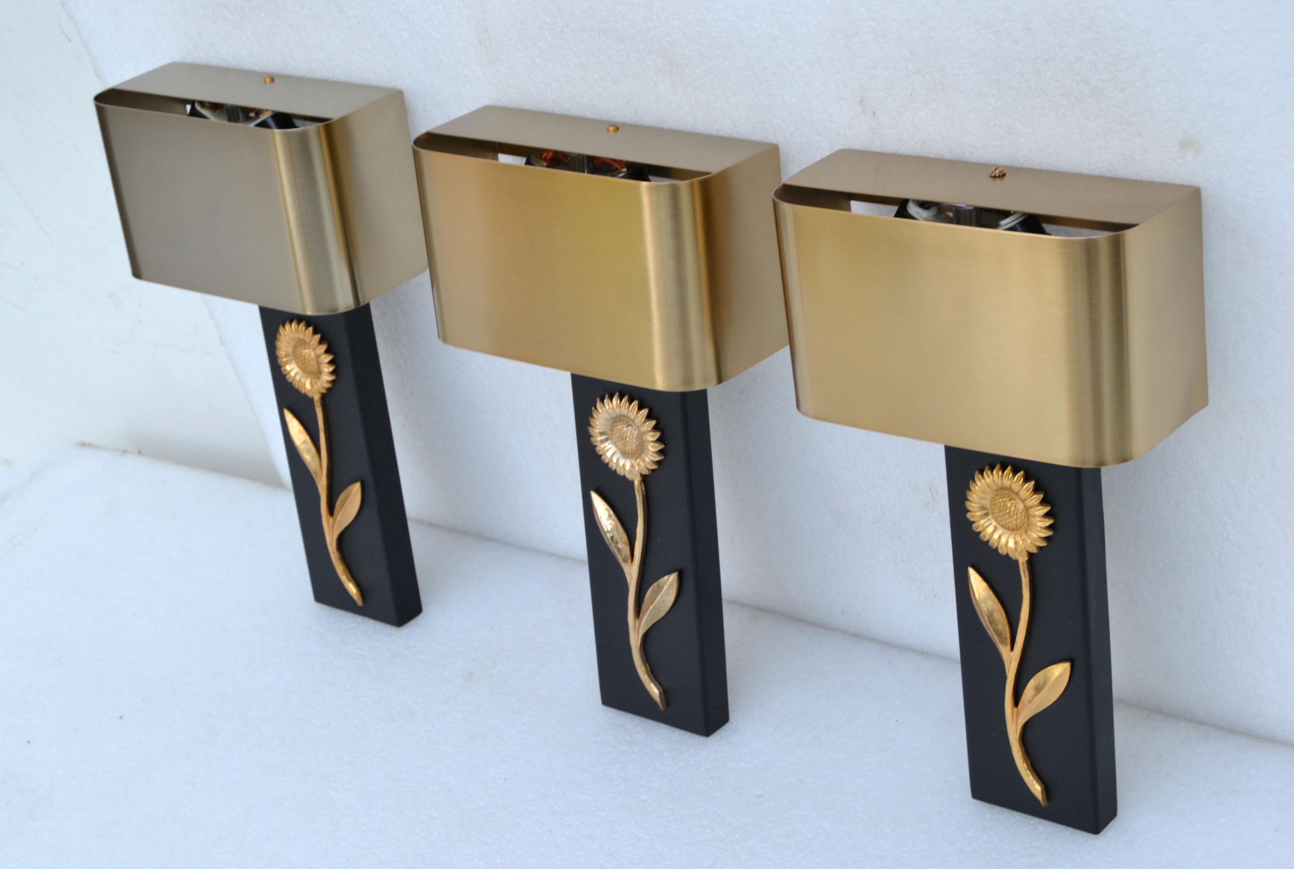 3 Maison Charles Bronze, Brass & Steel Sconces, Wall Lights Brushed Brass Shades In Good Condition In Miami, FL