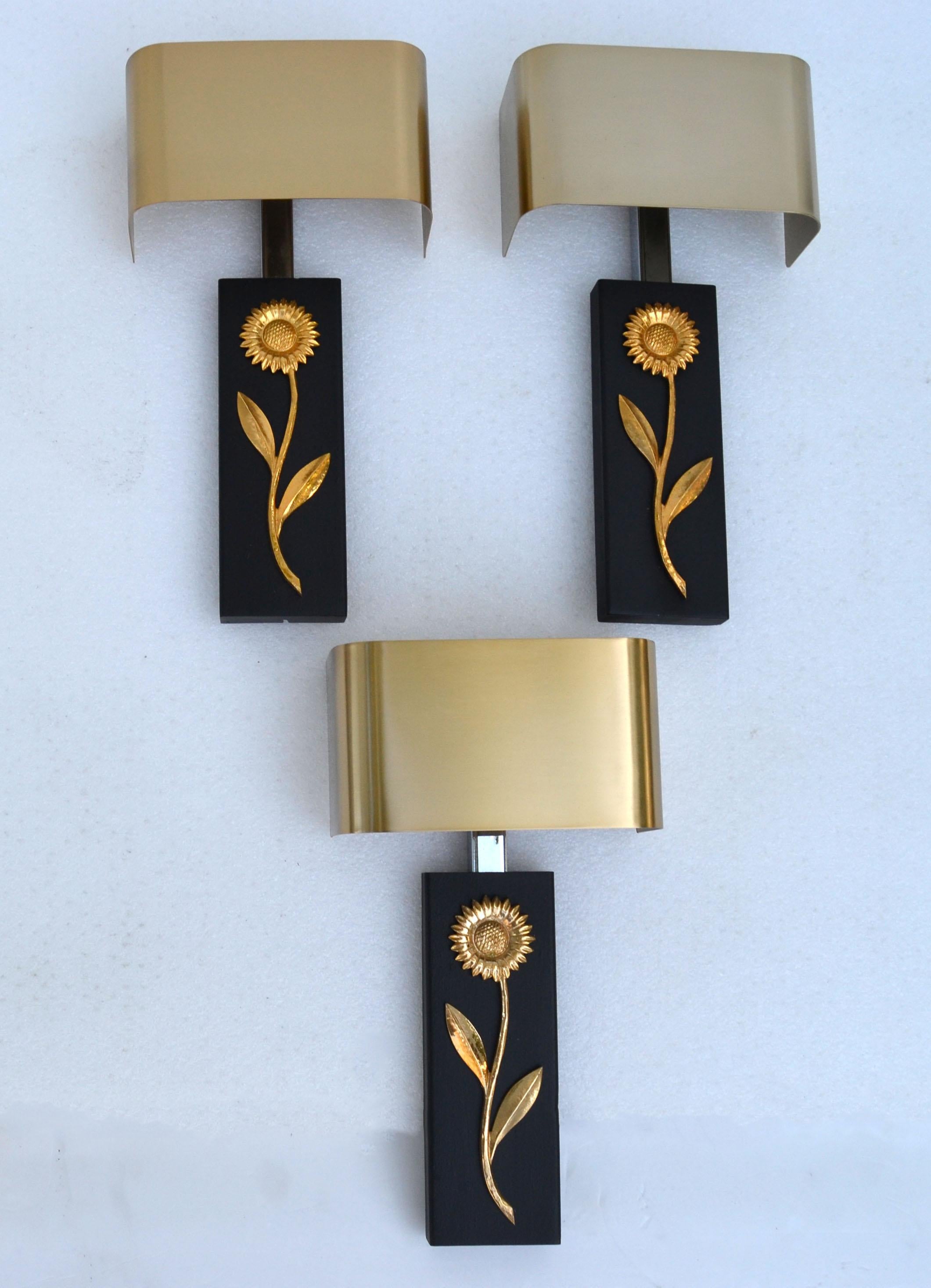 Late 20th Century 3 Maison Charles Bronze, Brass & Steel Sconces, Wall Lights Brushed Brass Shades