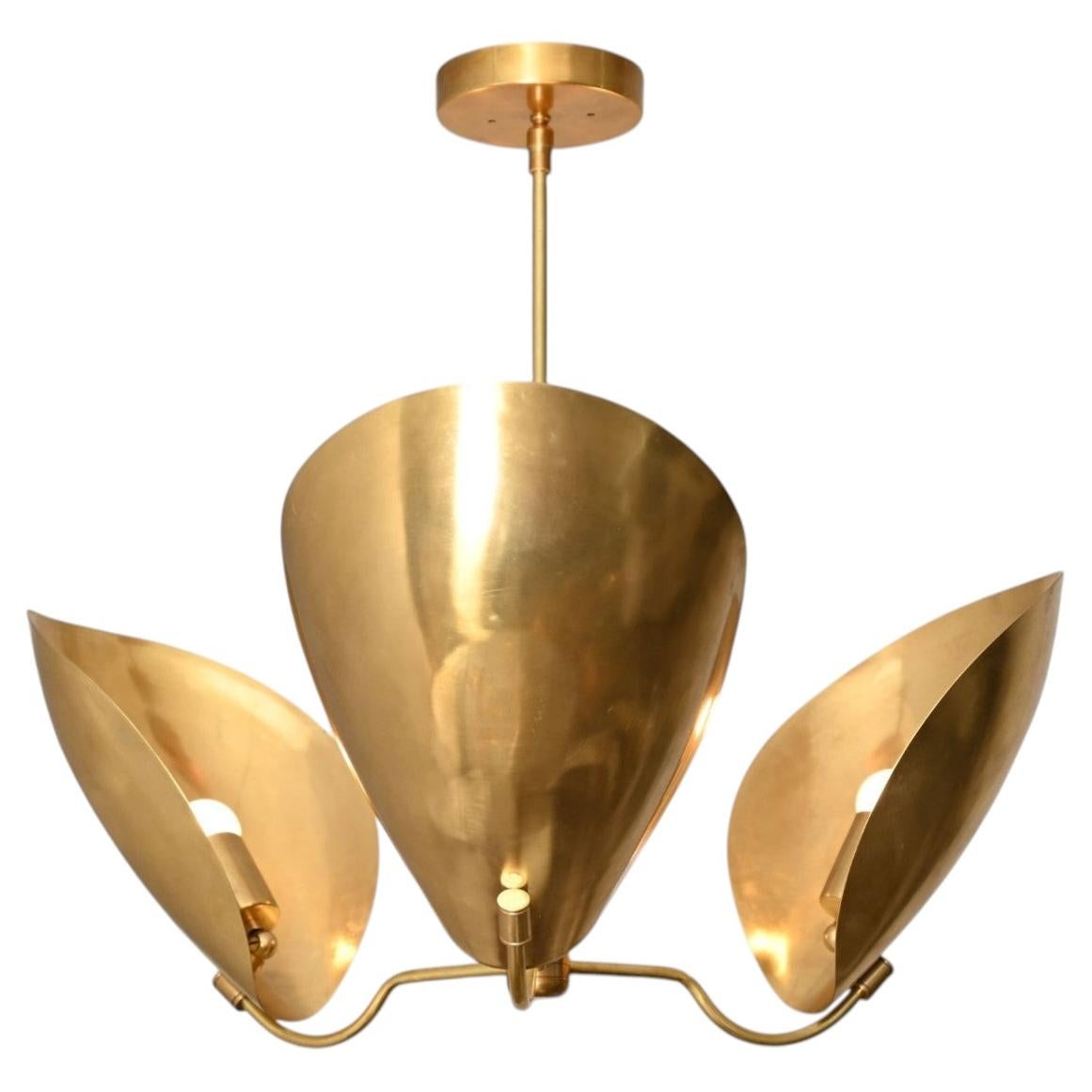 3 Massive Oversize Brass Scoop Chandelier MCM Style For Sale