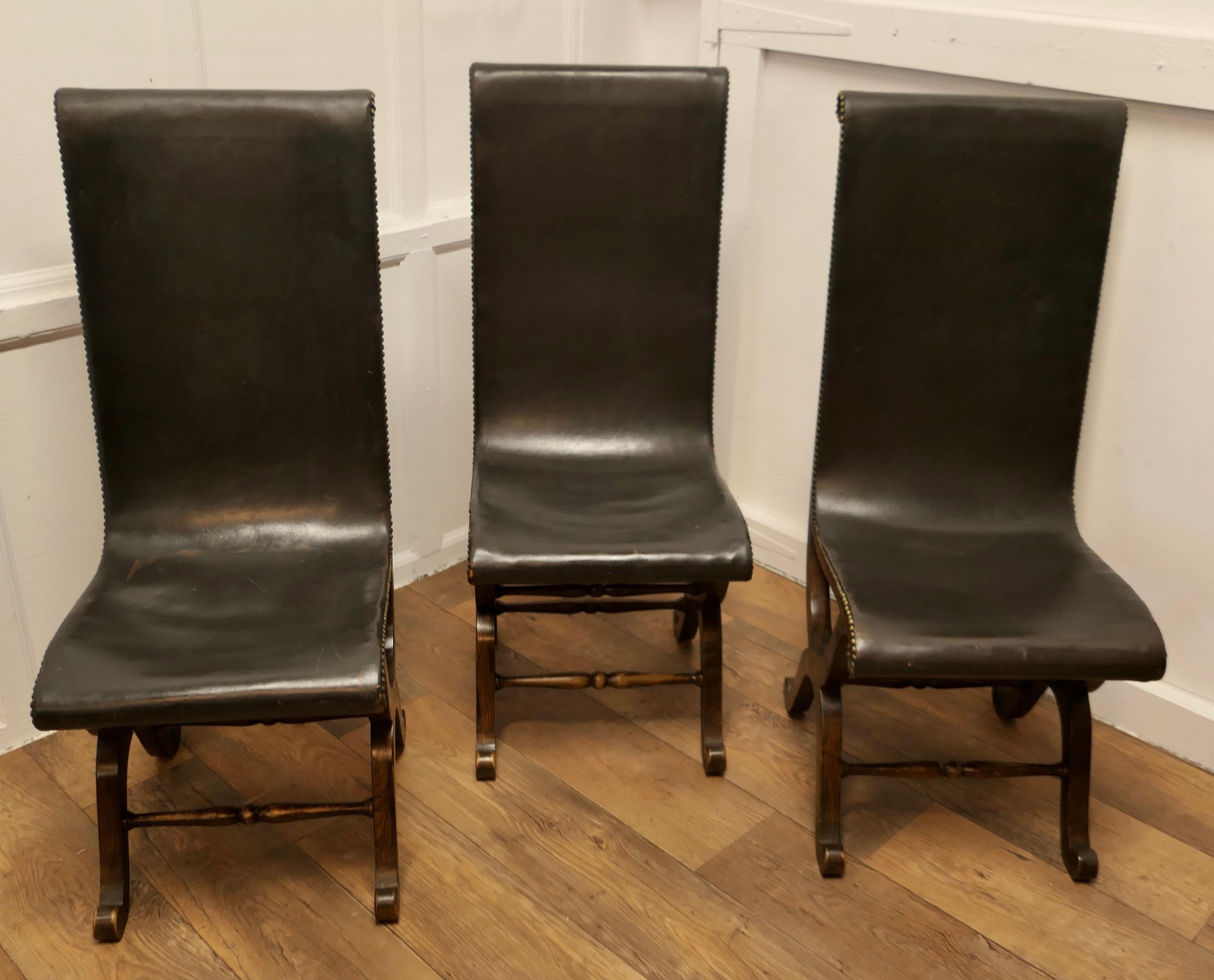 Mid-Century Modern 3 Matching Midcentury Leather and Oak Fireside Sling Chairs by Pierre Lottier  For Sale