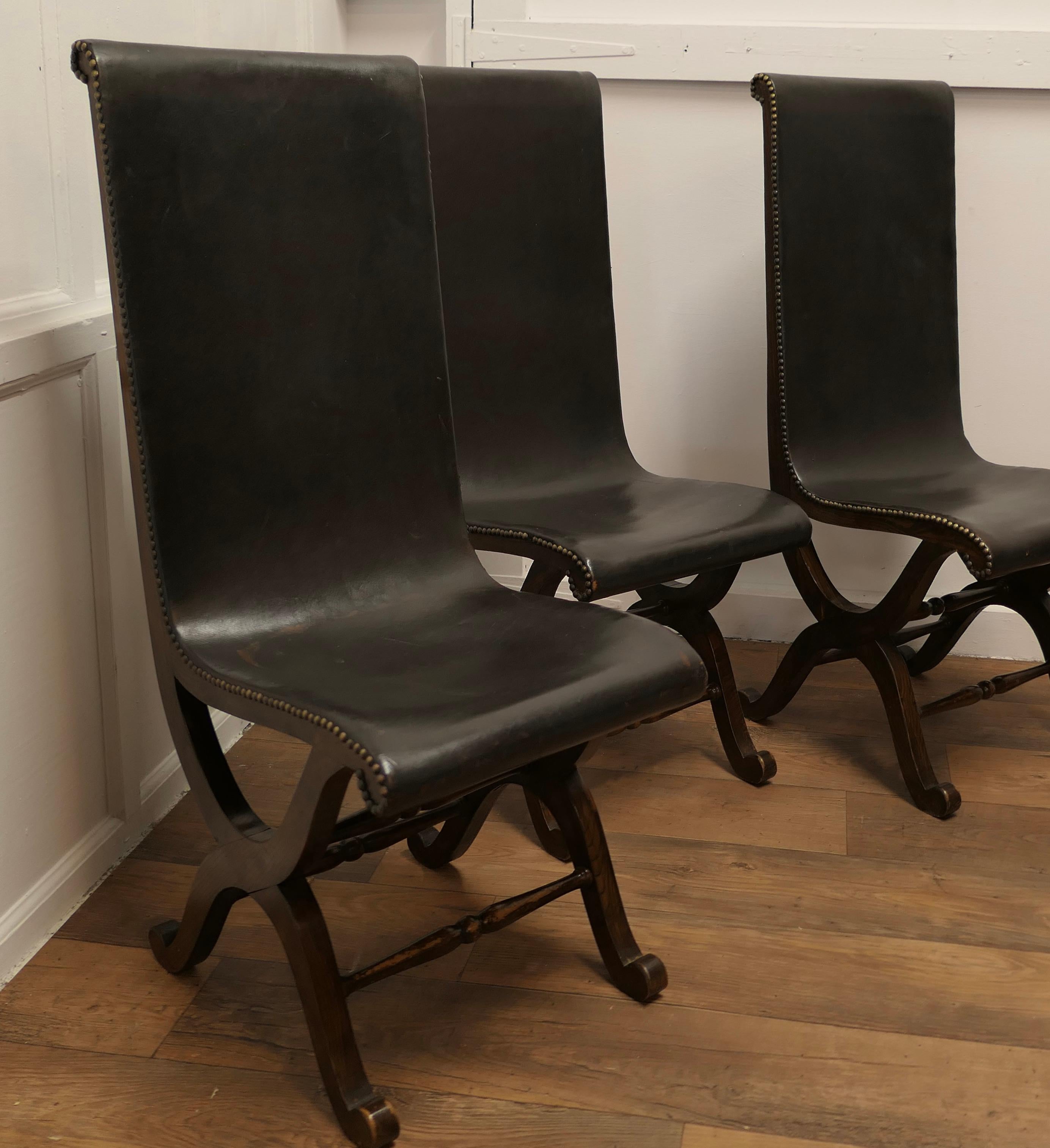 3 Matching Midcentury Leather and Oak Fireside Sling Chairs by Pierre Lottier  In Good Condition For Sale In Chillerton, Isle of Wight