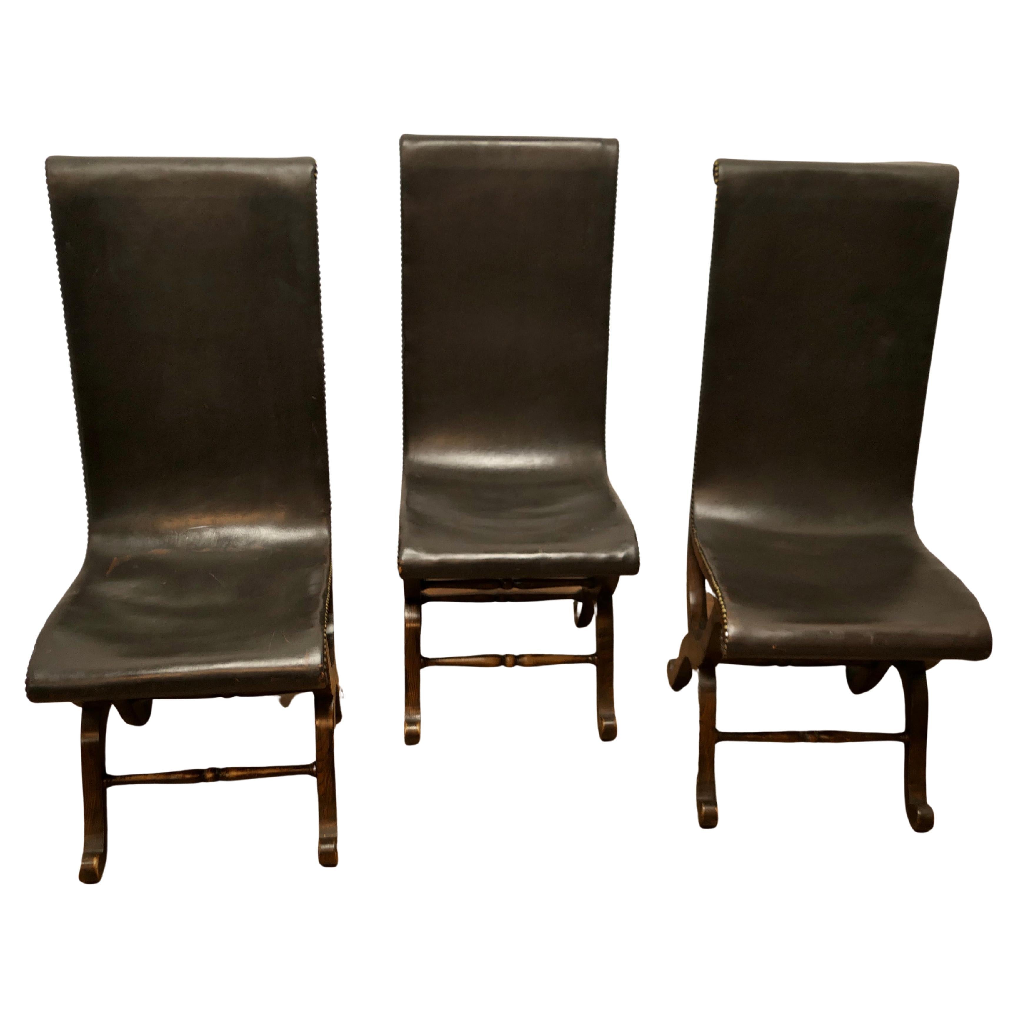 3 Matching Midcentury Leather and Oak Fireside Sling Chairs by Pierre Lottier  For Sale