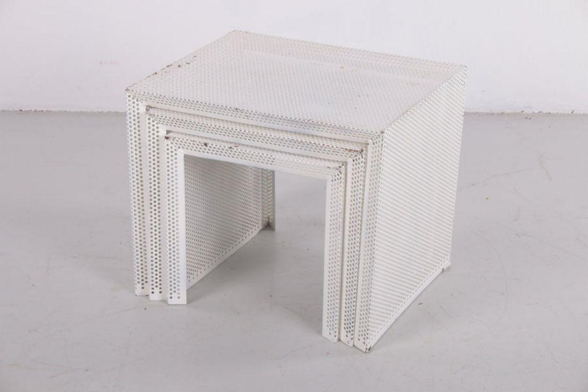 Mid-Century Modern 3 Mathieu Matégot Metal Nesting Tables in White France 60
