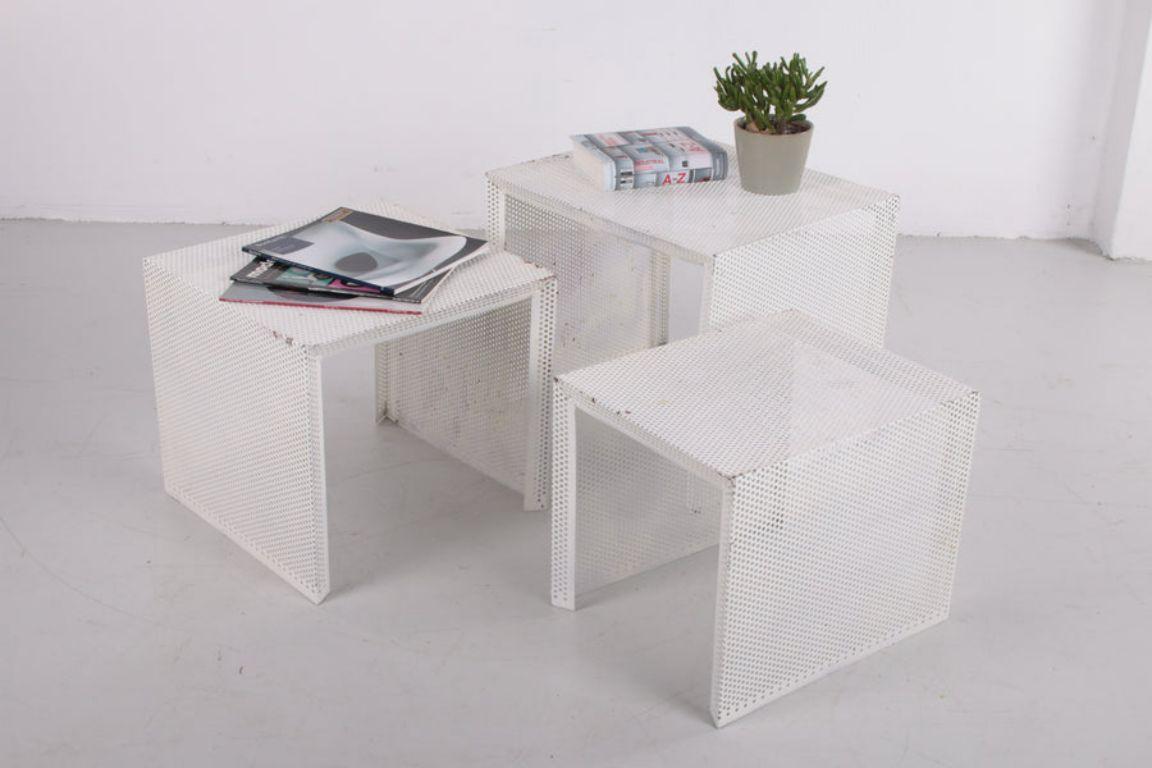 French 3 Mathieu Matégot Metal Nesting Tables in White France 60