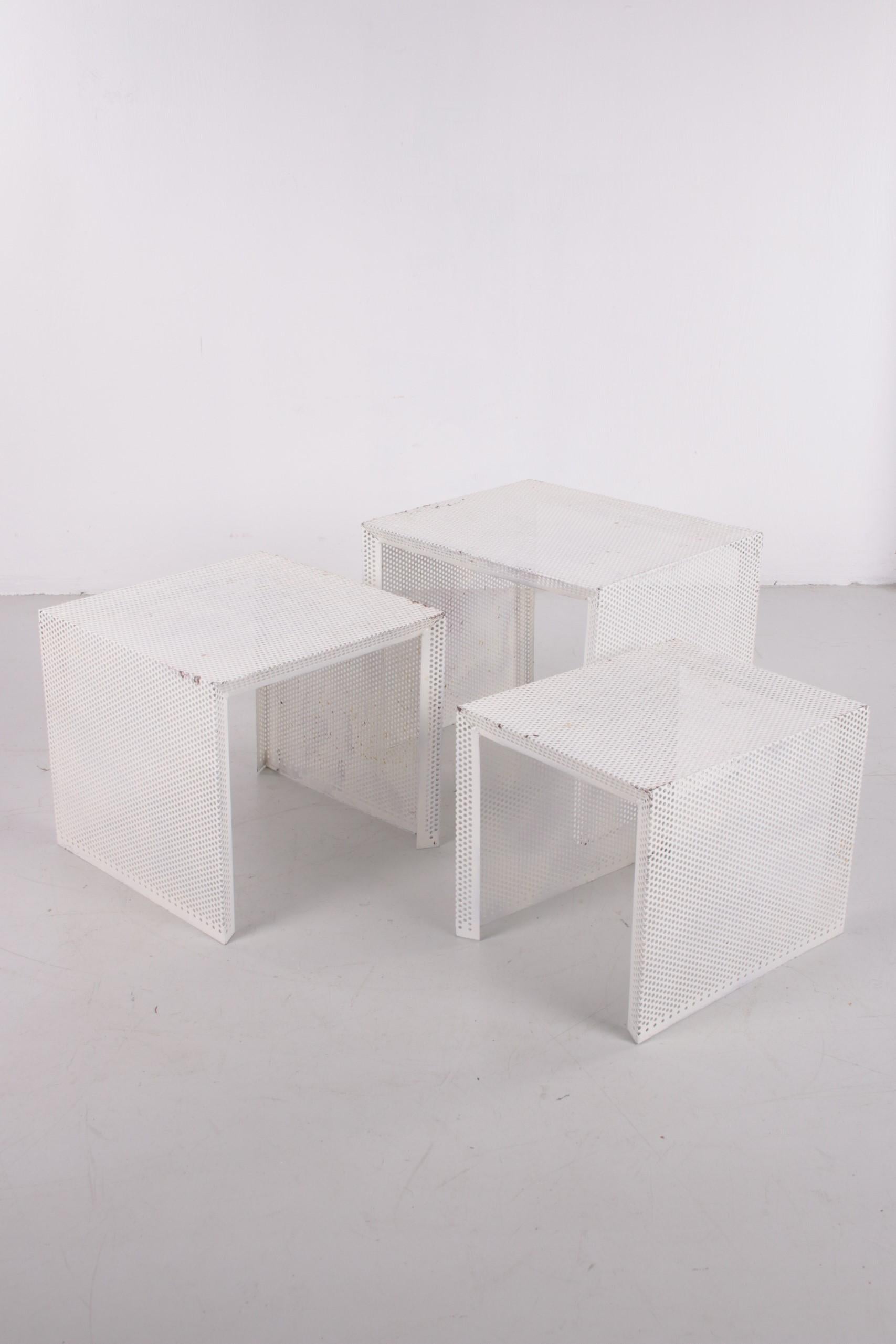 3 Mathieu Matégot Metal Nesting Tables in White France 60 In Good Condition In Oostrum-Venray, NL