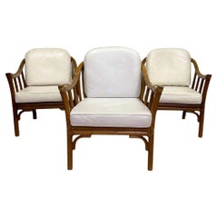 Vintage 3 Mc Guire armchairs  real rattan  white leather  license Hans Kaufeld