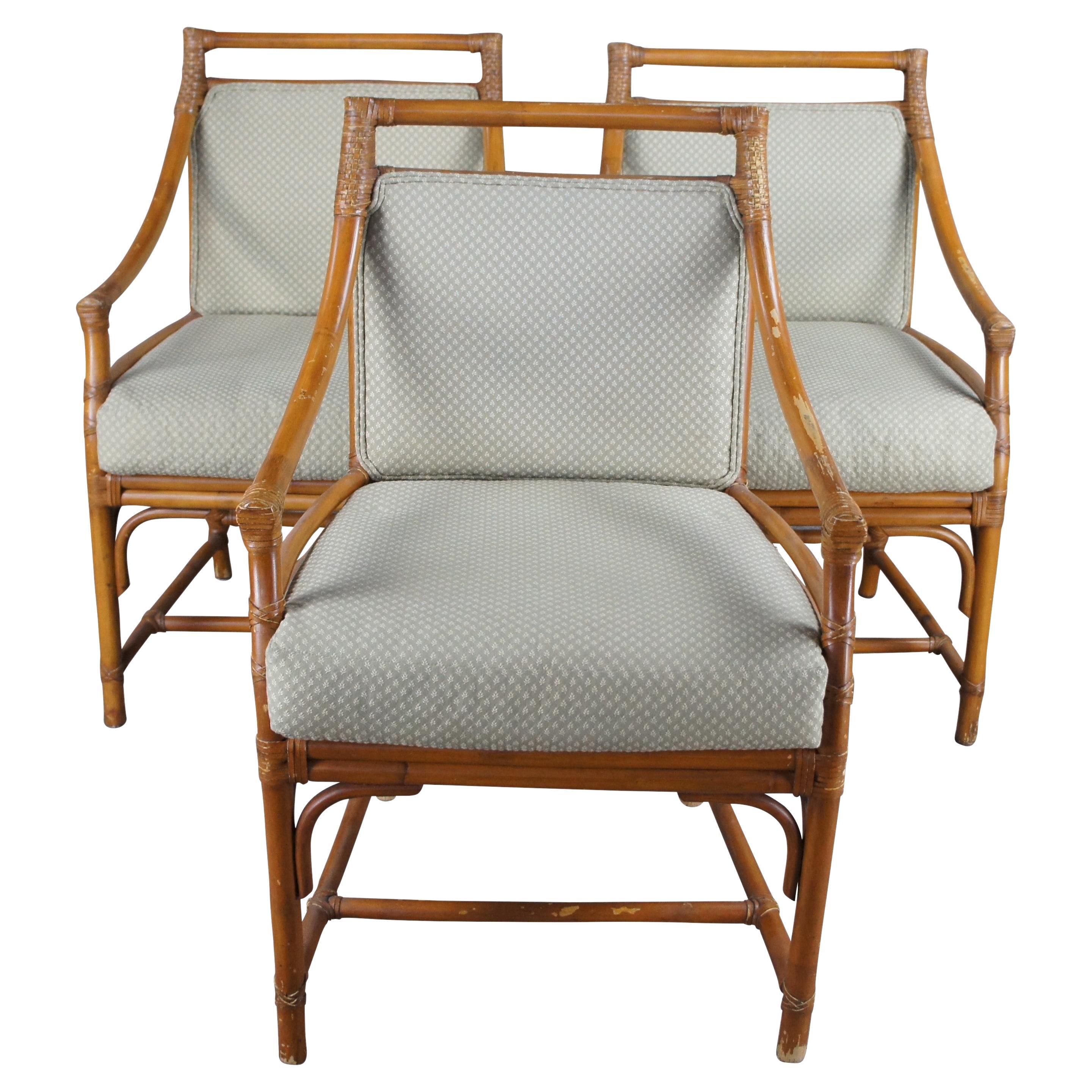 3 fauteuils de jeu boho chic McGuire modernes pour salle à manger à dossier pointu en bambou et rotin en vente