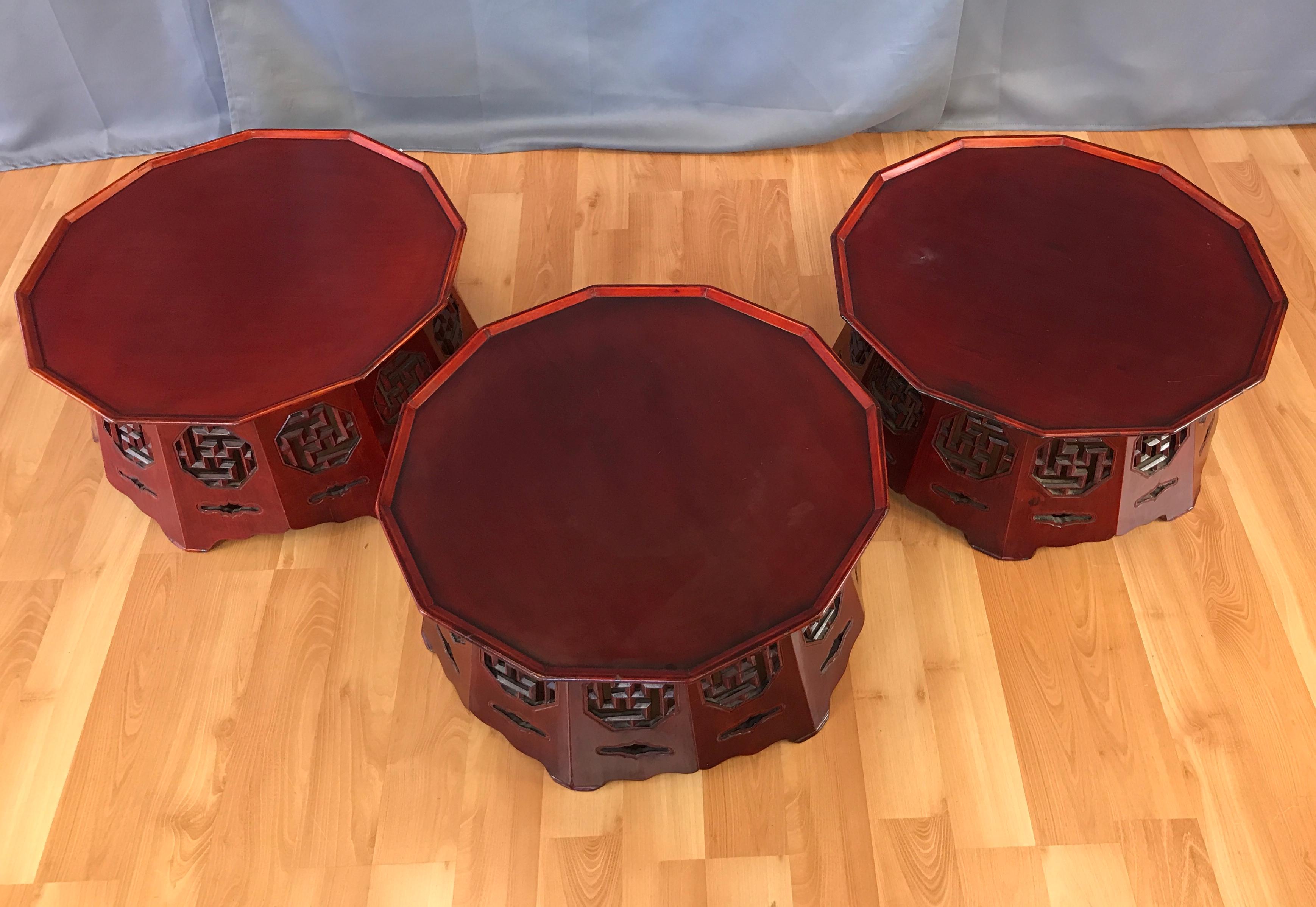 Japanese Meiji Period Red Lacquer Octagon Low Table or Plant Stand, 3 Available For Sale