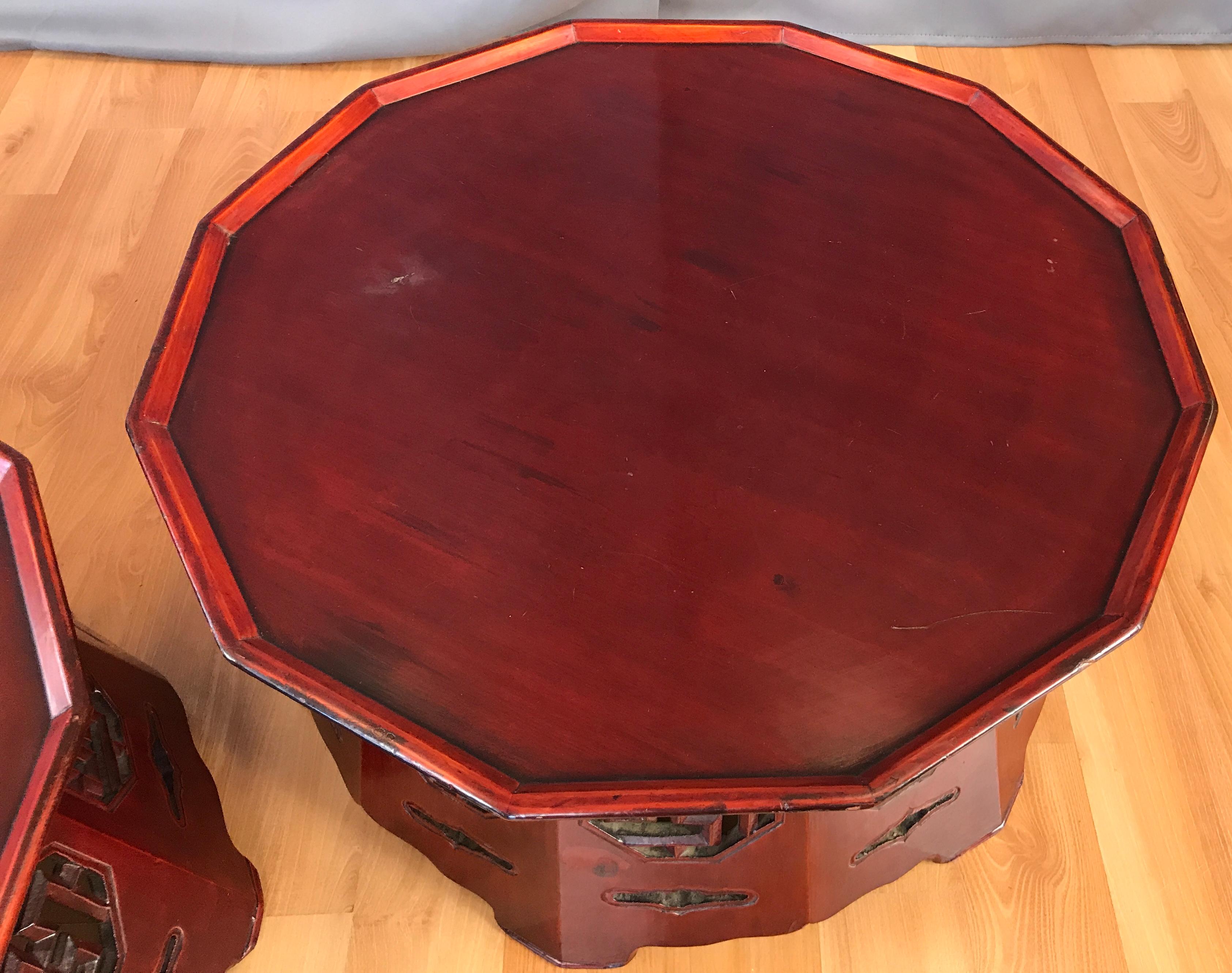 Wood Meiji Period Red Lacquer Octagon Low Table or Plant Stand, 3 Available For Sale