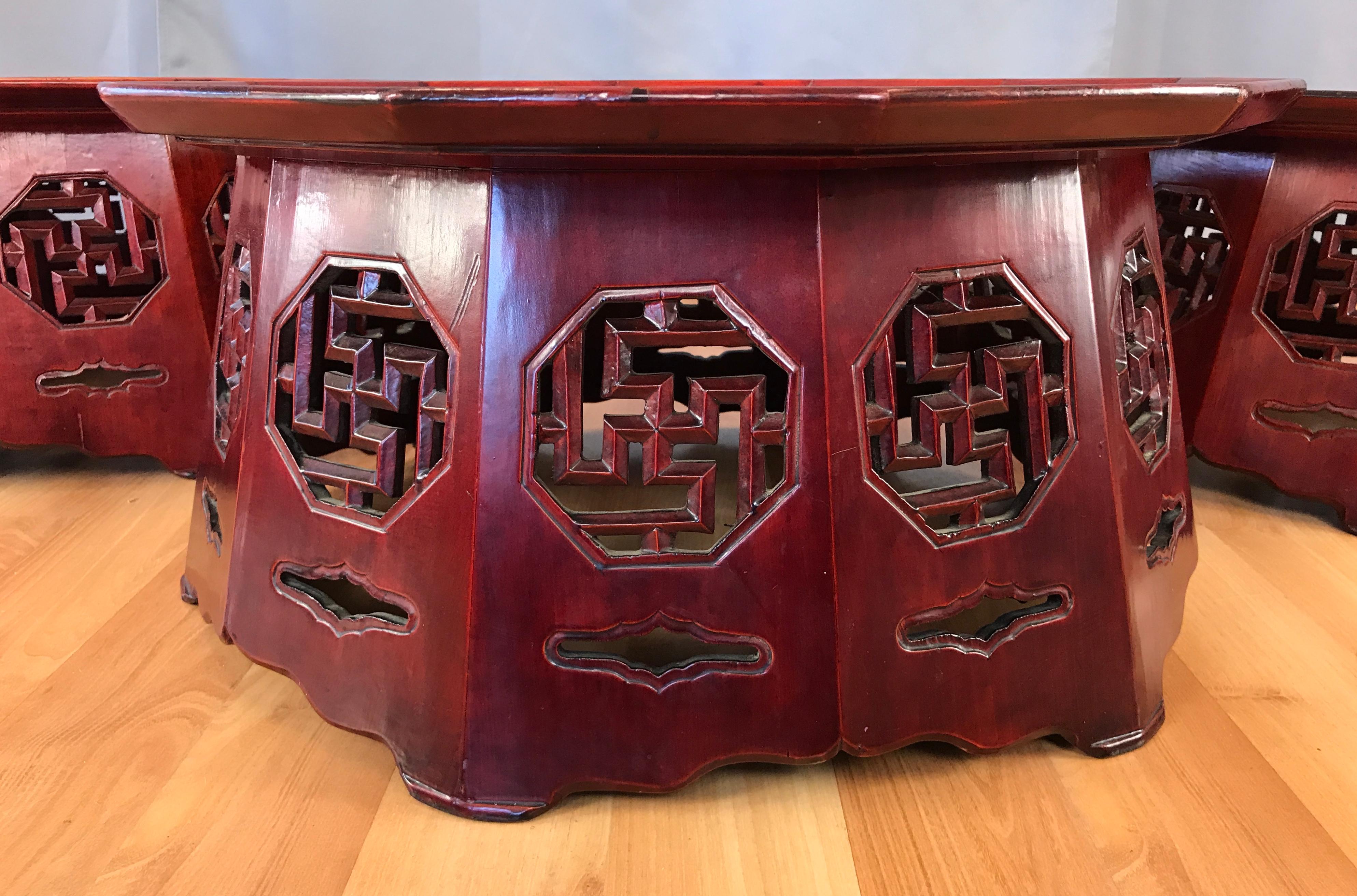 Meiji Period Red Lacquer Octagon Low Table or Plant Stand, 3 Available For Sale 1