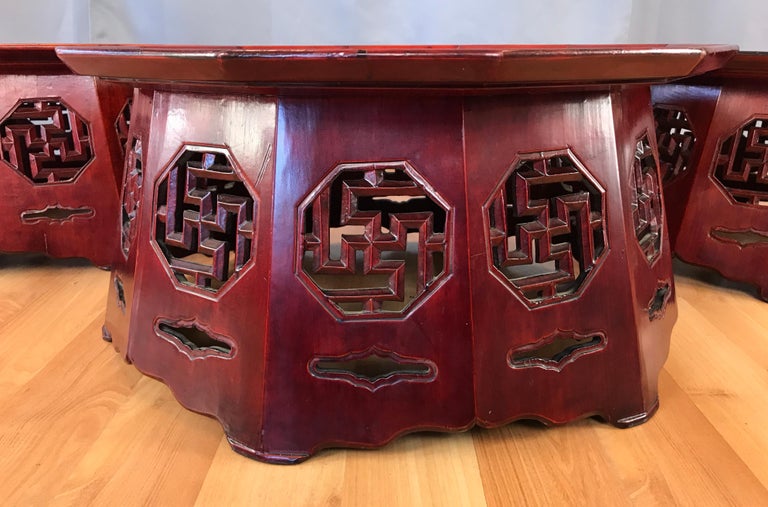 Meiji Period Red Lacquer Octagon Low Table or Plant Stand, 3 Available For Sale 2