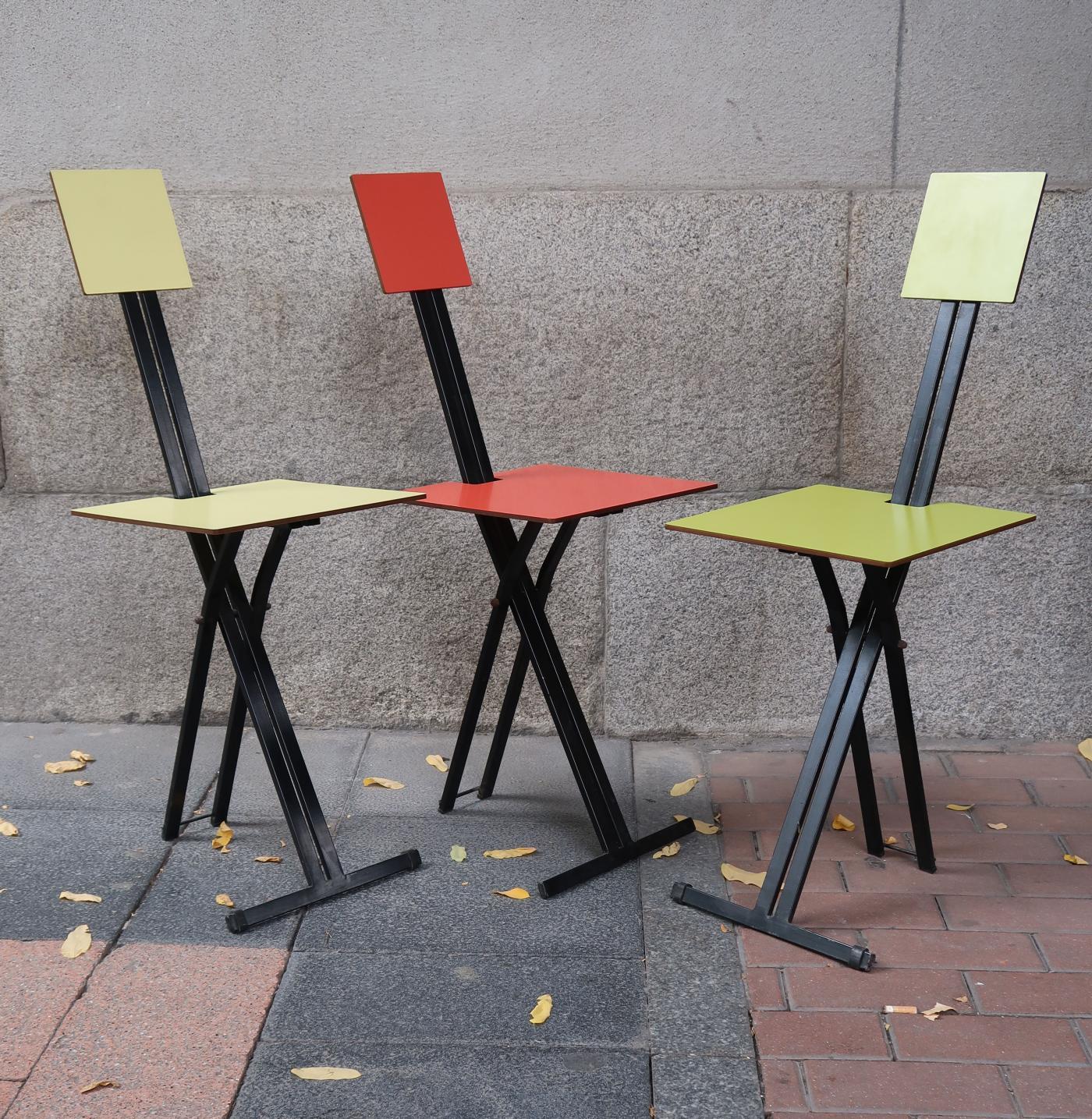 Lacquered 3 Metal & Red, Yellow & Green Folding Midcentury Chairs by Formanova, 1960 For Sale