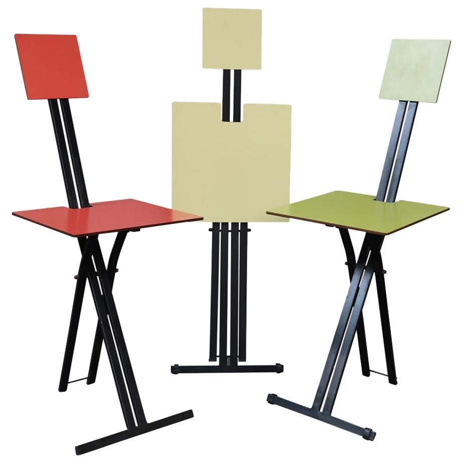 3 Metal & Red, Yellow & Green Folding Midcentury Chairs by Formanova, 1960 For Sale
