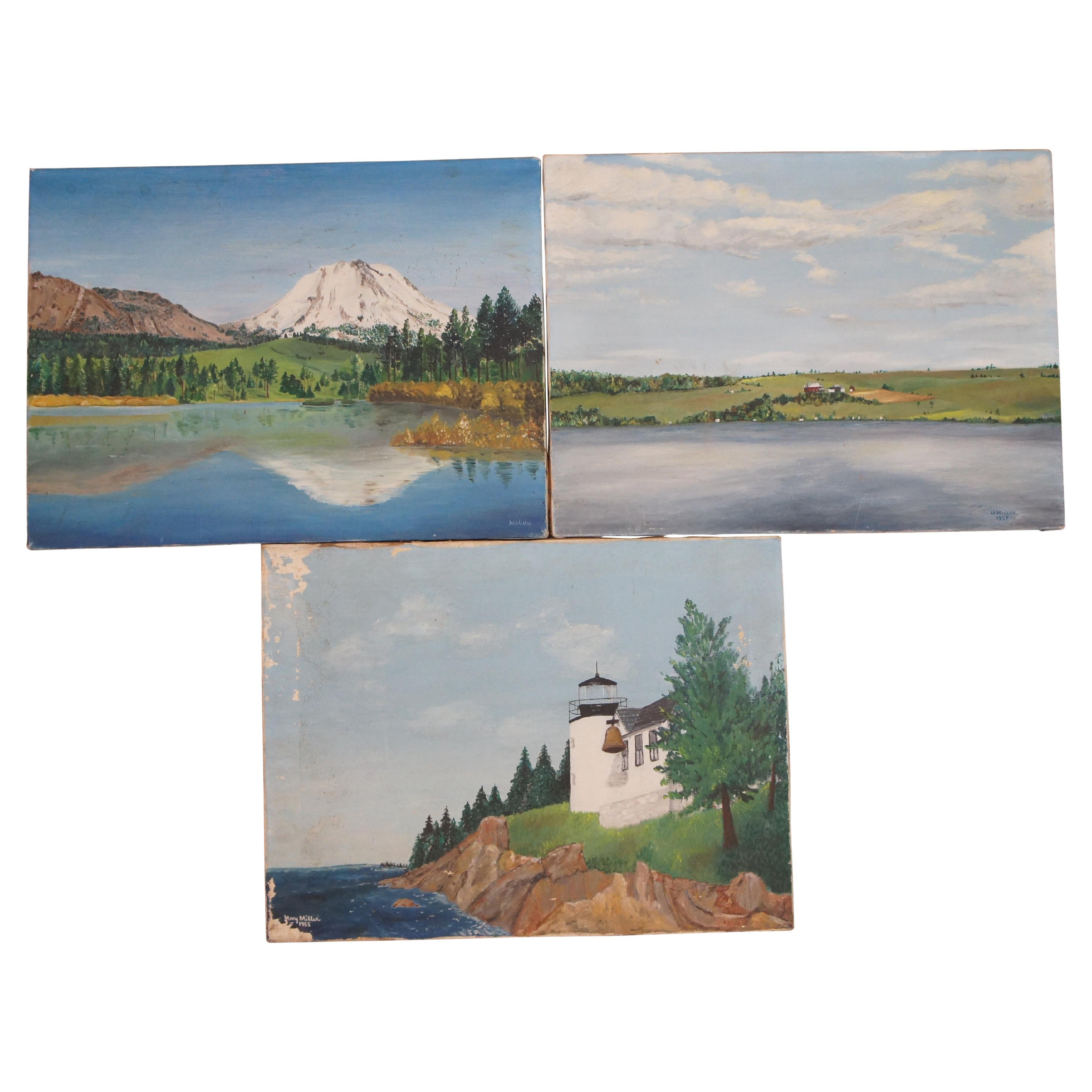 3 Peintures à l'huile sur toile Mary Miller Realism Landscape Mid Century 1950s 24"".