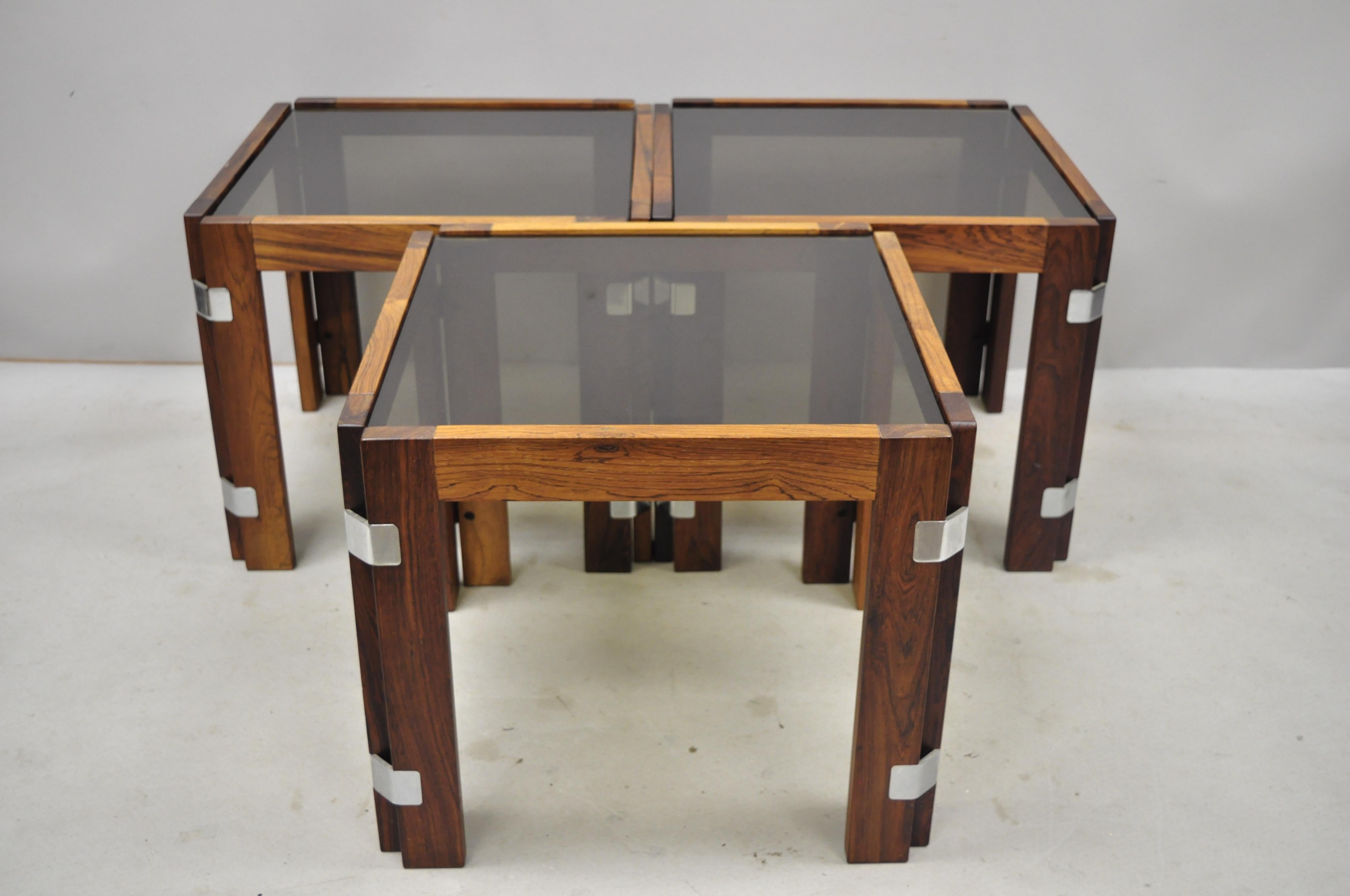 3 Midcentury Danish Modern Rosewood & Smoked Glass Side Tables by Interior Form For Sale 4