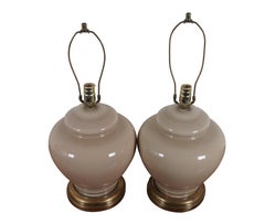 3 Mid Century Modern Beige Glass Bulbous Ginger Jar Urn Table Lamps 24"