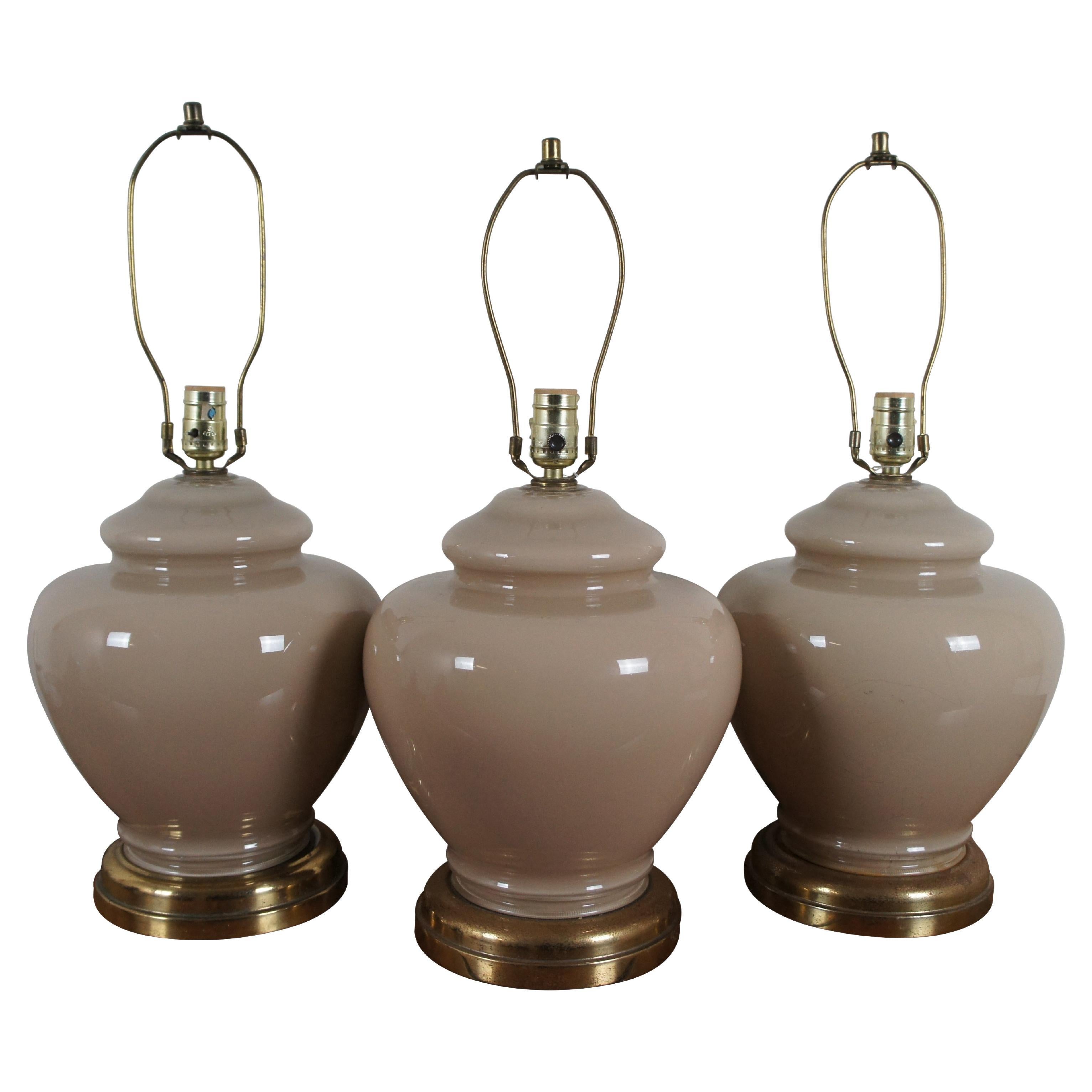 3 Mid Century Modern Beige Glass Bulbous Ginger Jar Urn Table Lamps 24"