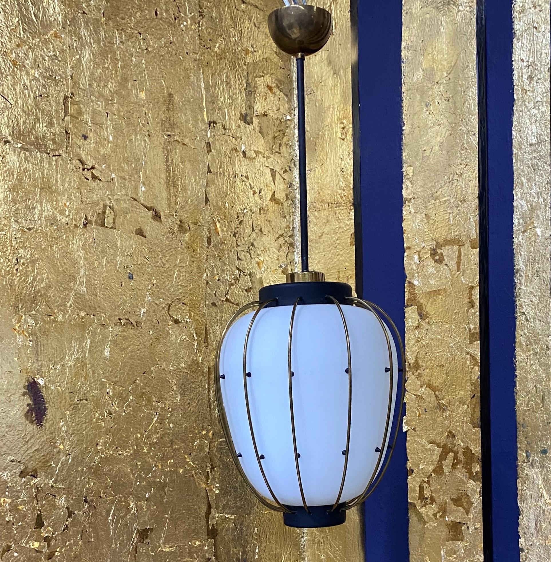 3 Mid-Century Modern Lantern in Brass and Opaline Glass, 1950, Stilnovo Attr For Sale 4