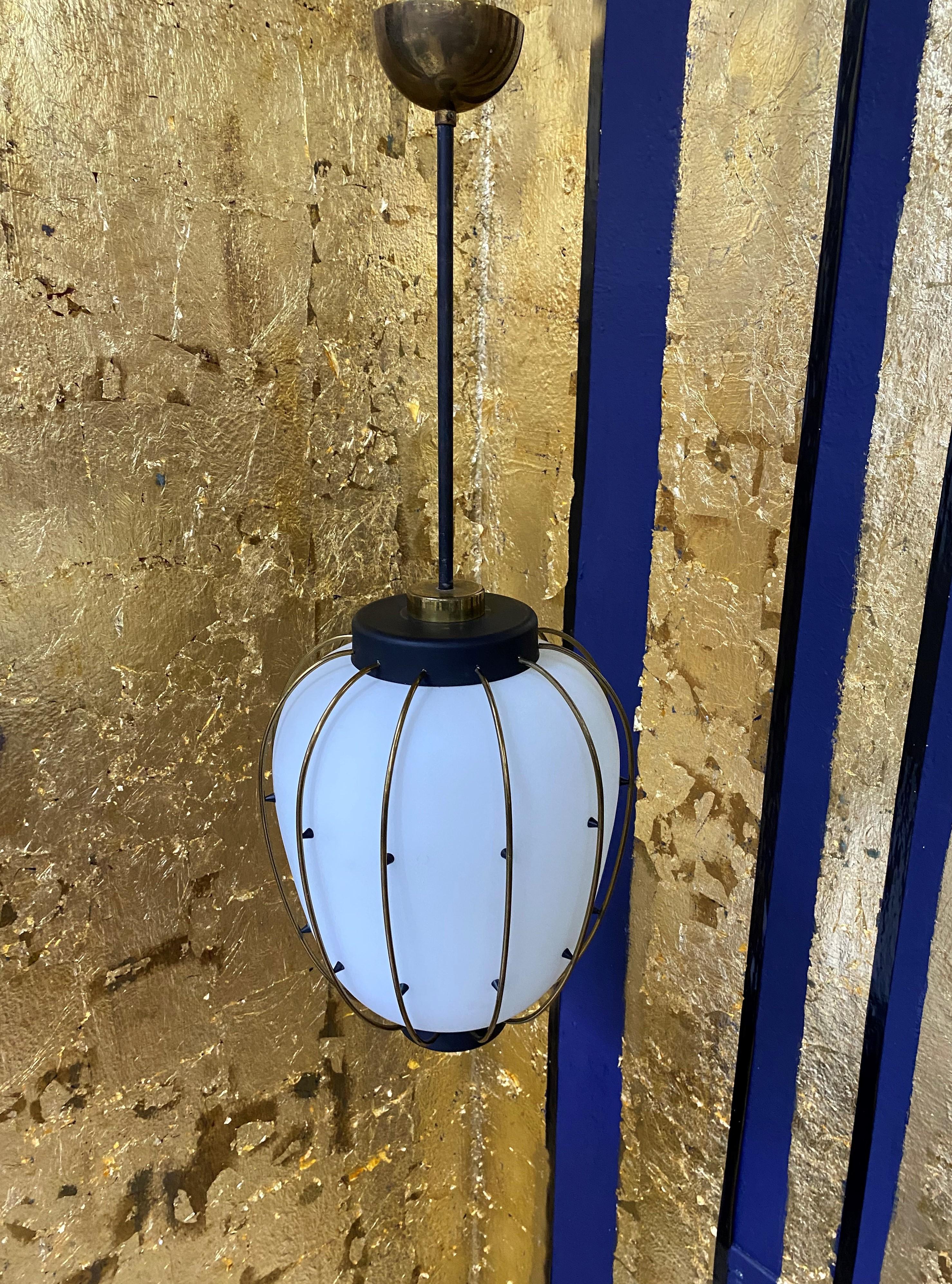 Italian 3 Mid-Century Modern Lantern in Brass and Opaline Glass, 1950, Stilnovo Attr For Sale