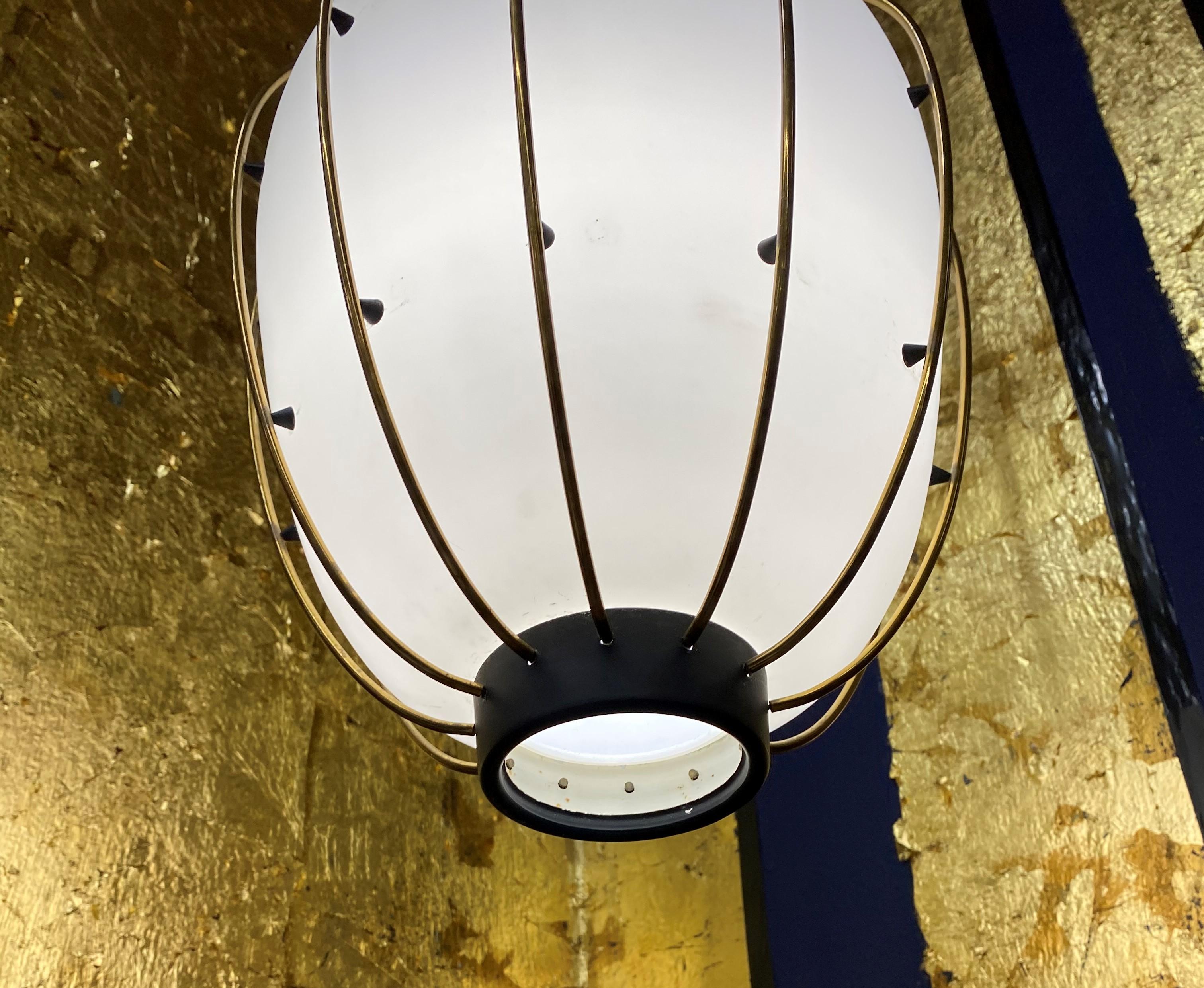 Mid-20th Century 3 Mid-Century Modern Lantern in Brass and Opaline Glass, 1950, Stilnovo Attr For Sale