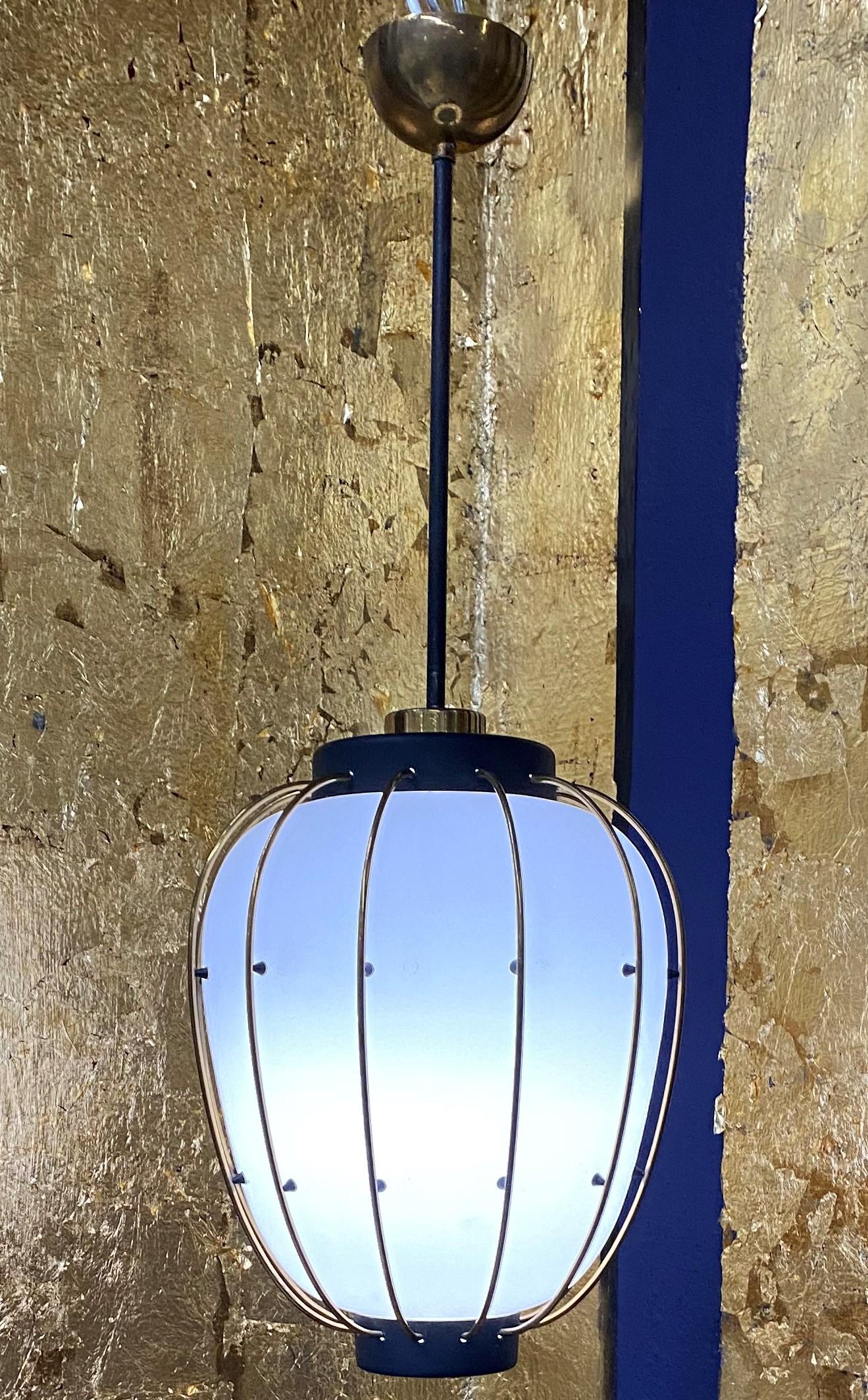 3 Mid-Century Modern Lantern in Brass and Opaline Glass, 1950, Stilnovo Attr For Sale 1