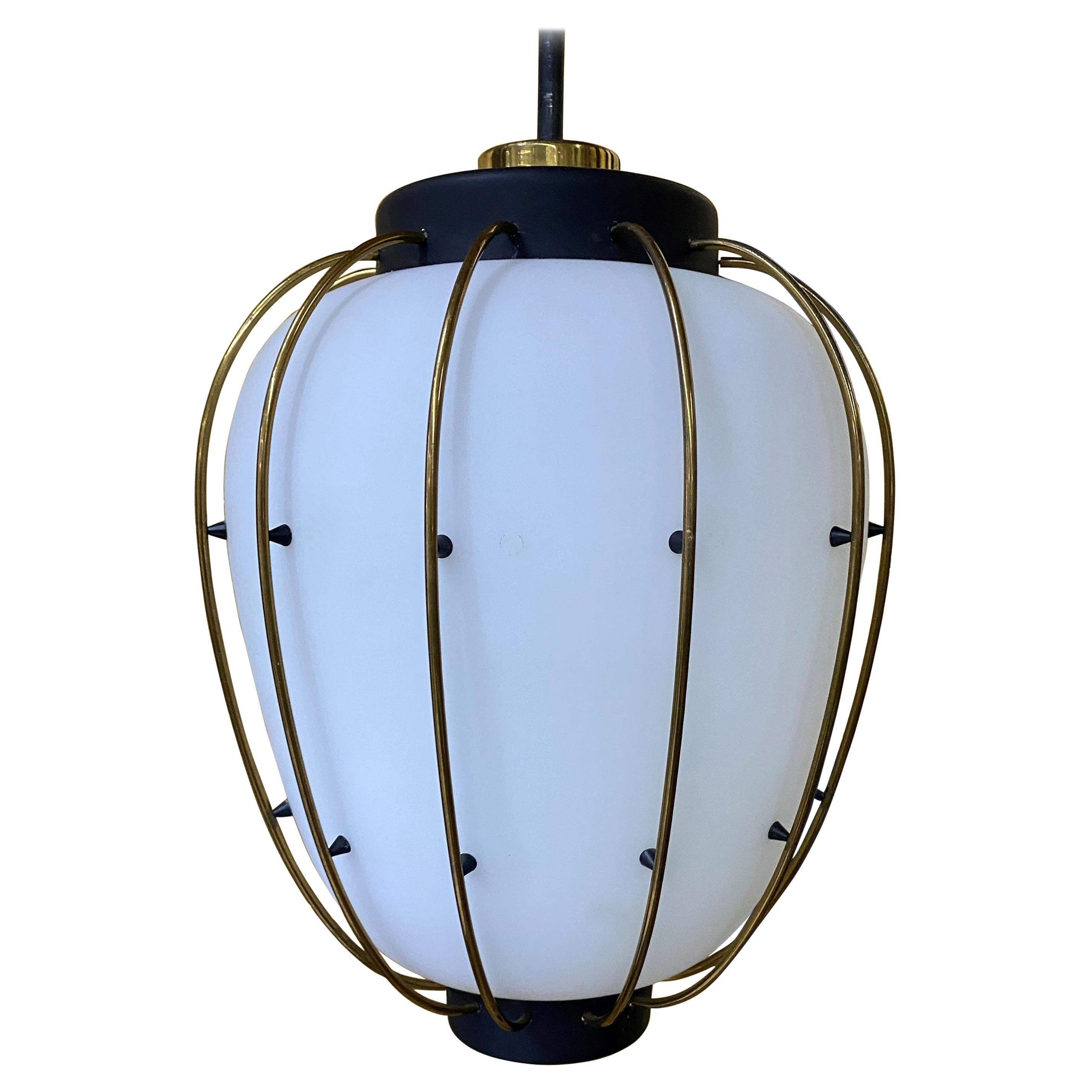 3 Mid-Century Modern Lantern in Brass and Opaline Glass, 1950, Stilnovo Attr