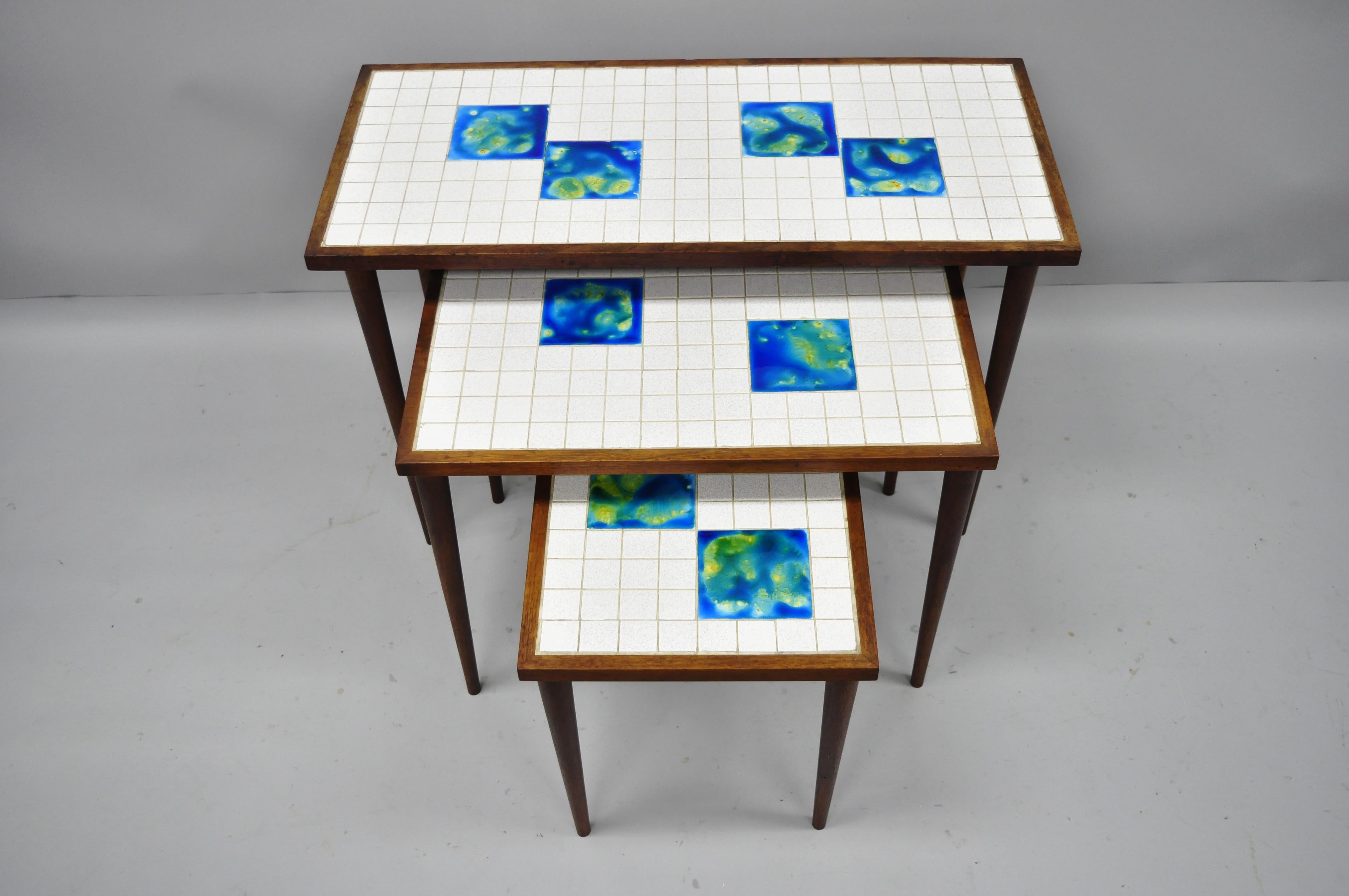 3 Mid-Century Modern Nesting Tile Top Side Tables, Blue Green Tiles, Danish Teak 3